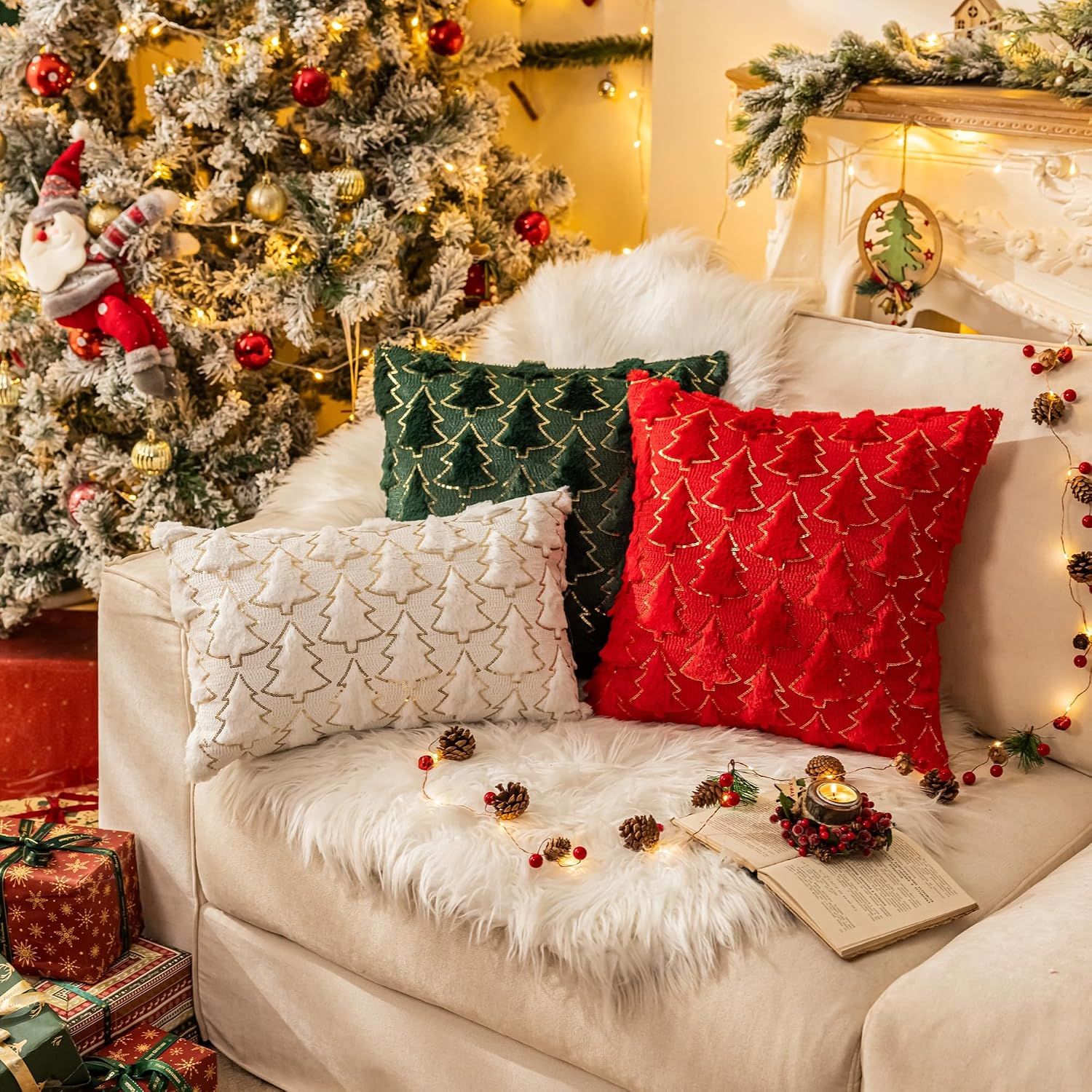 Christmas Tree Green Throw Pillow Covers 18x18, Soft Faux Fur Sequins Throw Pillows for Couch Sofa Bed Room Cushion Covers Holiday Decorations โ image 2