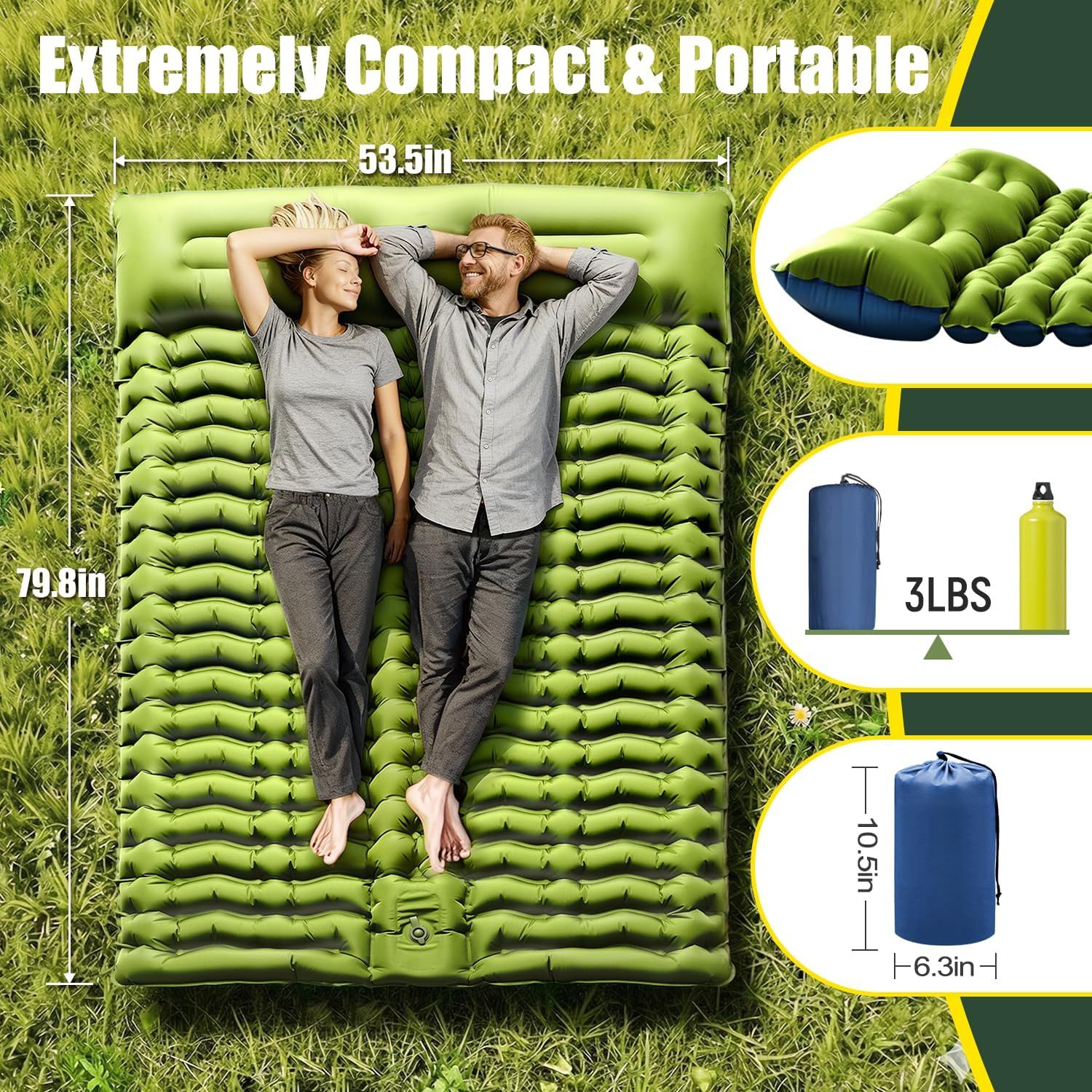 Double Sleeping Pad - Self Inflating 4" Extra-Thick for 2 Person with Pillow Built-in Foot Pump Inflatable Sleeping Mat for Backpacking, Hiking, Traveling — image 2