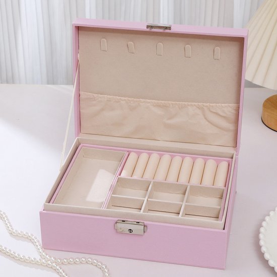 2-Tier Jewelry Box - With Removable Drawer & Lock - Large Storage Capacity For All Jewelry - Pink