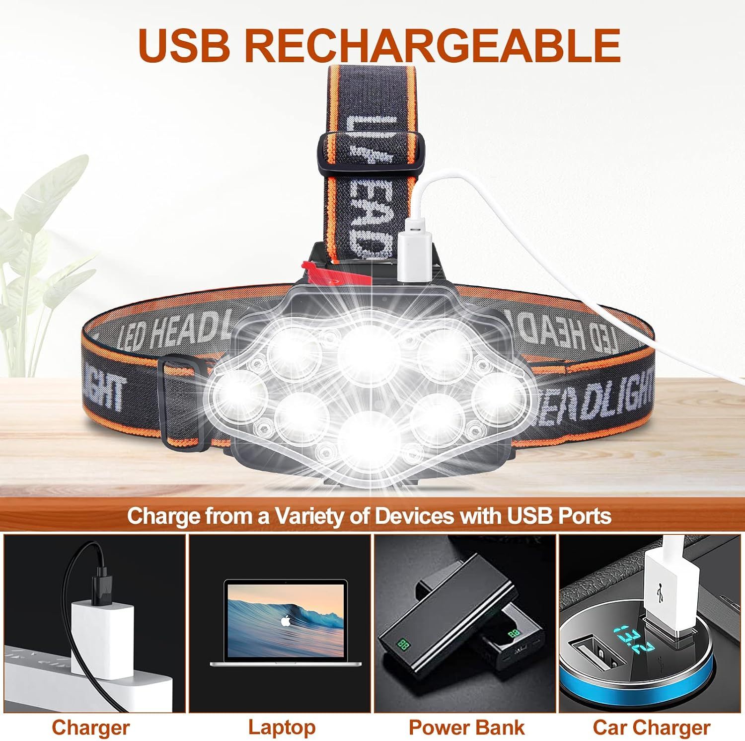 Headlamp Rechargeable, 2000 Lumen Super Bright 8 LED Head Lamp, 4 Modes Lightweight USB Head Light, IPX5 Waterproof Headlamp Flashlight for Outdoor Camping — image 5