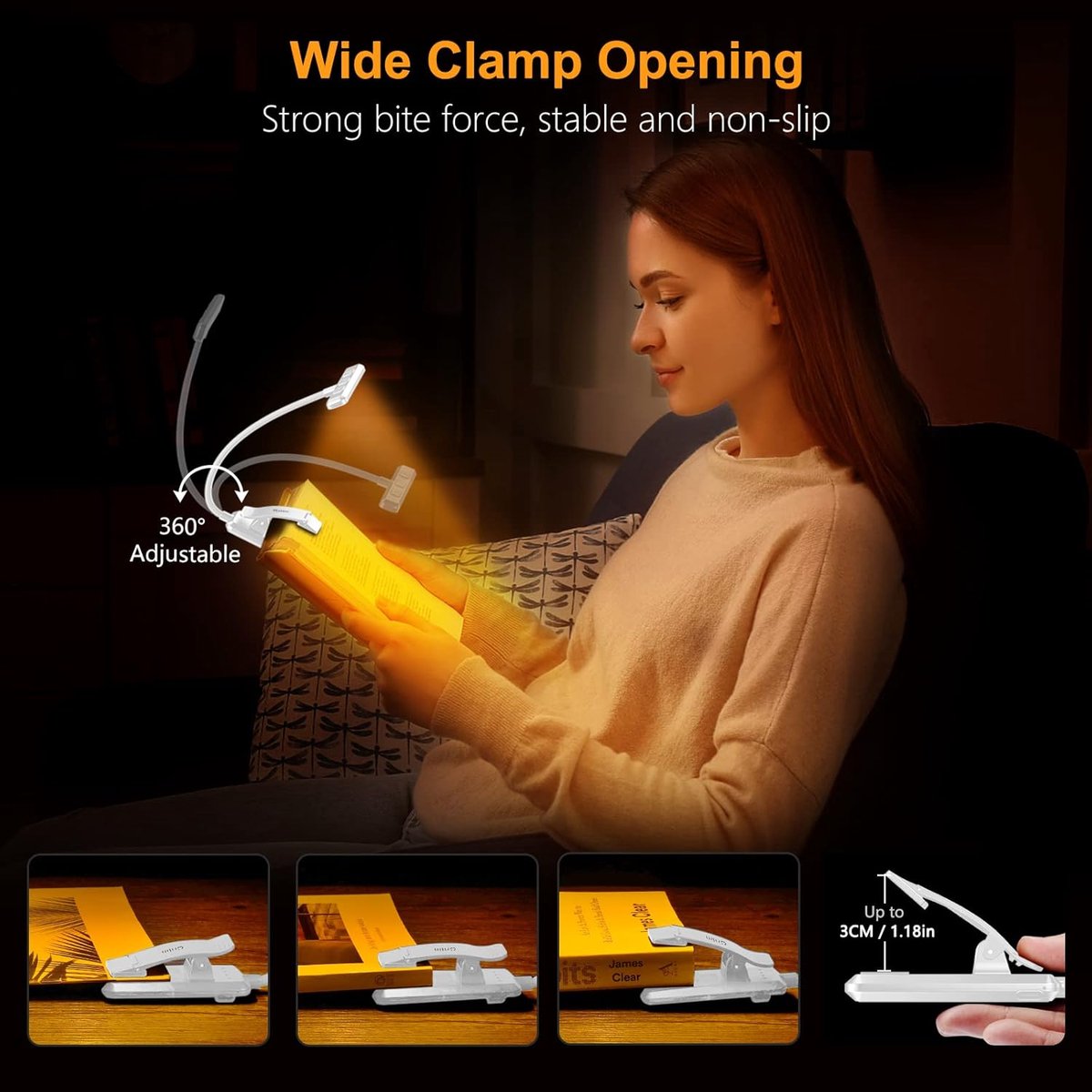 Rechargeable Reading Lamp with Type-C Cable - LED Reading Light for Book with Clip - 24 LED - Reading Lamp Clip [3 Light Modes] - Dimmable - Mini Flexible — image 2