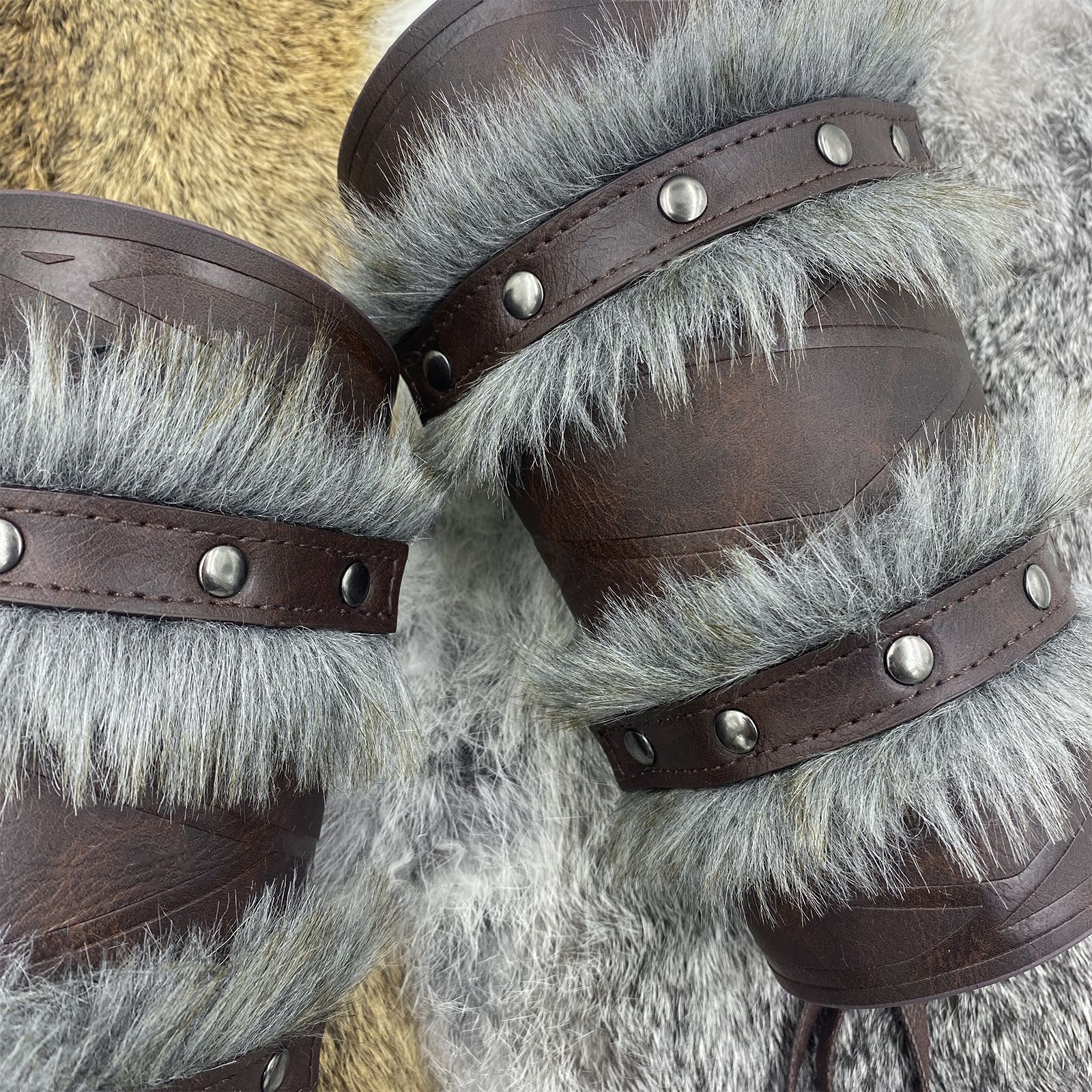 Nordic Viking Barbarian Arm Guards, Medieval Artificial Fur Gauntlets, Vintage Faux Leather Bracers Leather Arm Guards Medieval Bracers Renaissance Armor โ image 3