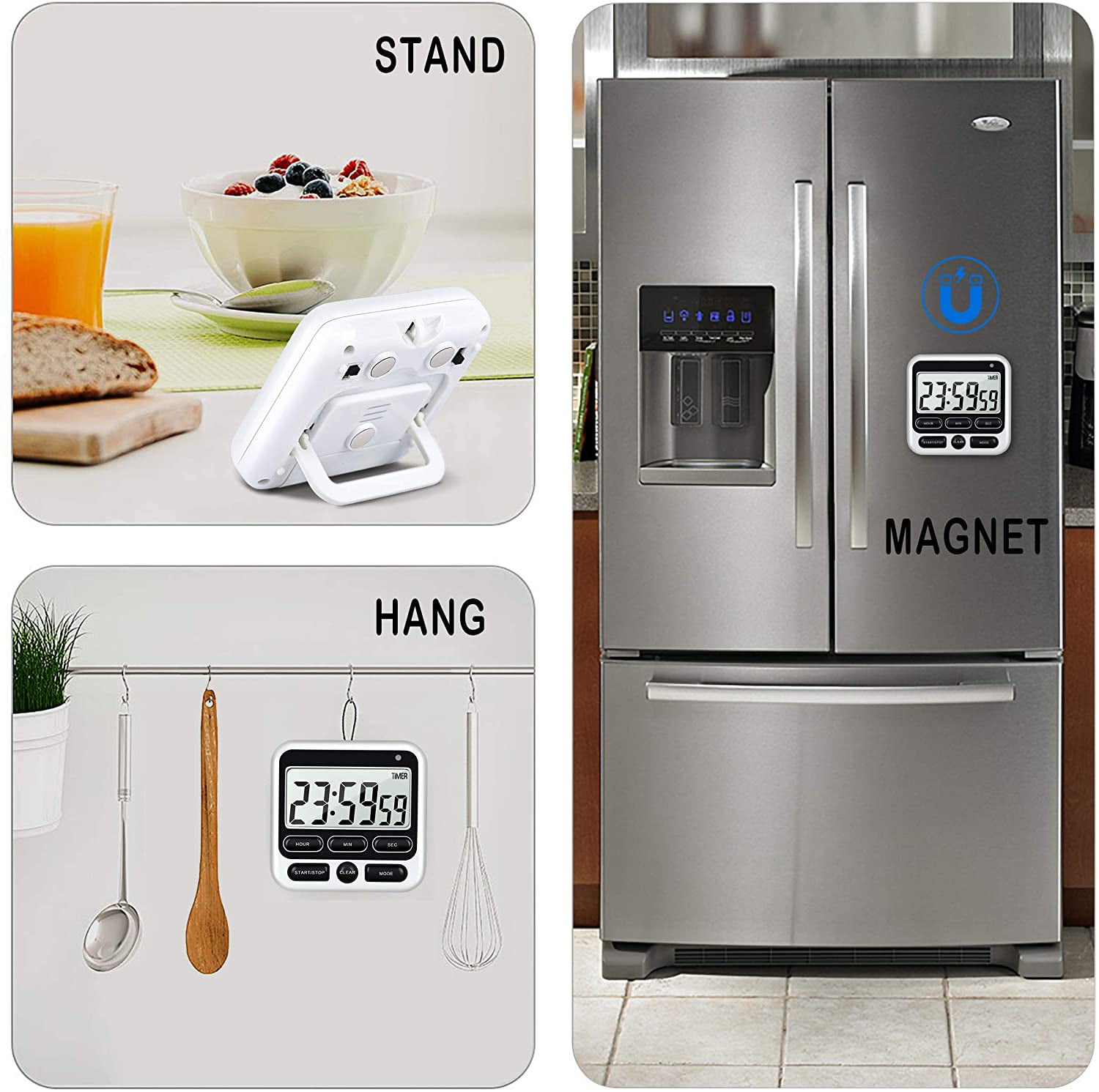 Digital Countdown Kitchen Timer -Count Up Down Magnetic Timer Clock for Cooking Baking Gym Students Black — image 3