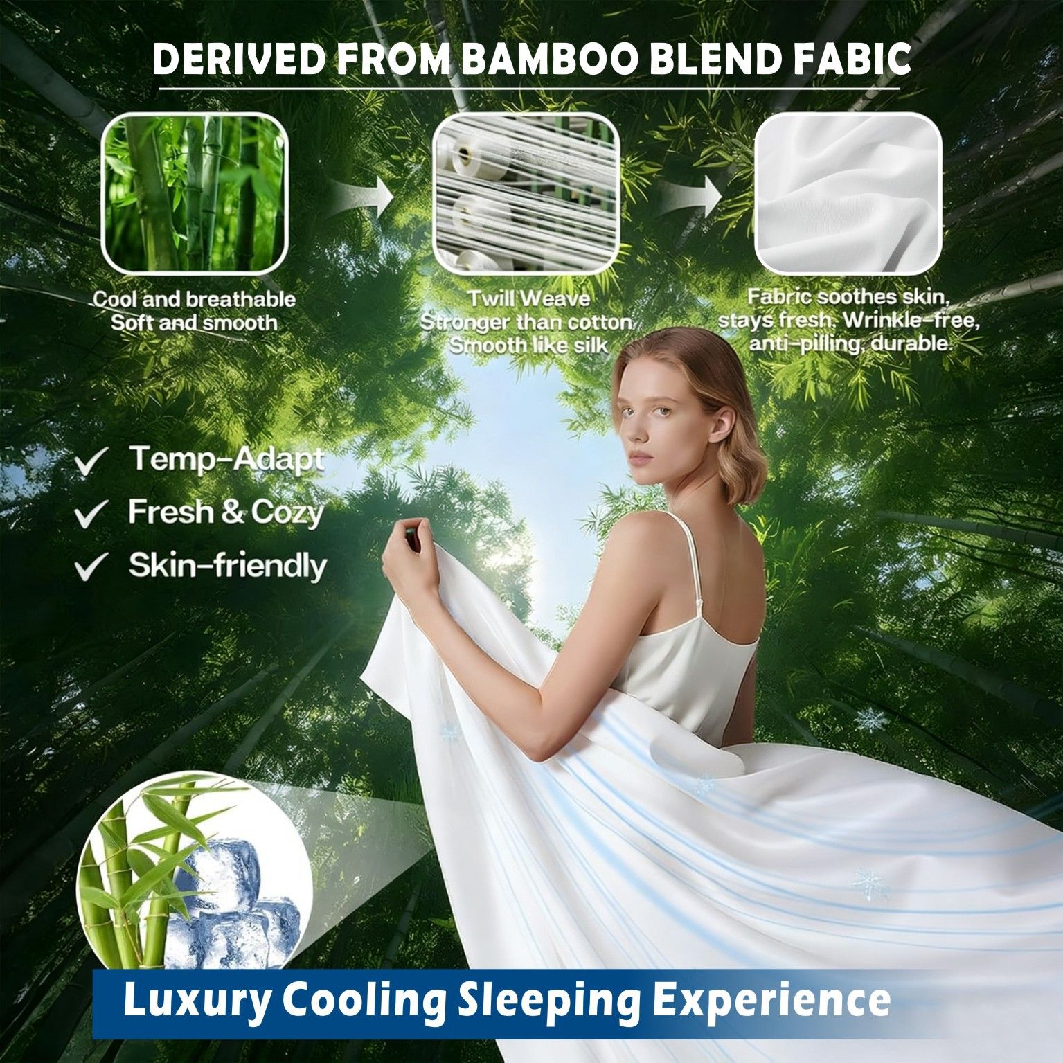 3 Piece Hotel Bamboo Cooling Sheet Set -Ultra Soft 2000TC Breathable Bed Sheets Set with 37 Centimetre Deep Pocket-Cooling Sheets for Hot Sleepers(White,King — image 3