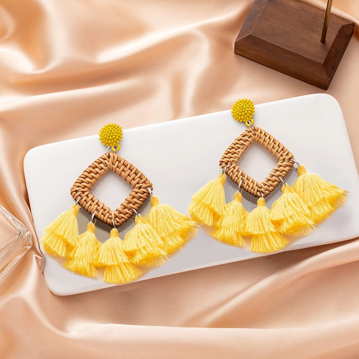 Rattan Tassel Earrings for Women Bohemian Statement Handmade Woven Drop Dangle Earrings don't burden your ears when worn — image 3