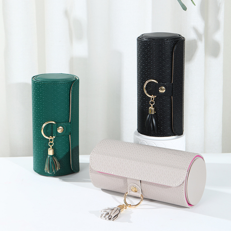 Beige and Pink Elegant 3-Tier Cylindrical Travel Jewellery Box - PU Leather Organizer for Rings Earrings Necklaces with Tassel Charm โ image 3