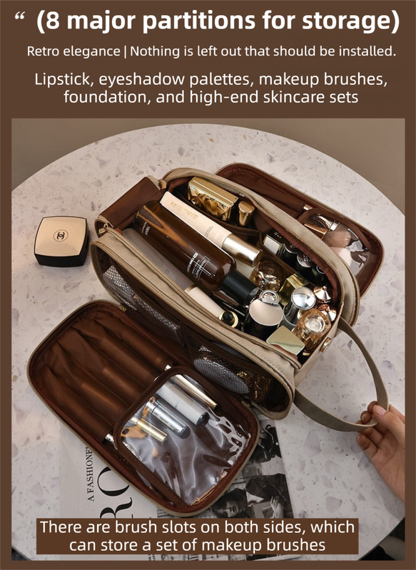 Black Premium TPU Leather Dual-Zipper Cosmetic Bag with 3 Dry & Wet Separation Zone - Large Capacity Travel Toiletries Organizer — image 3
