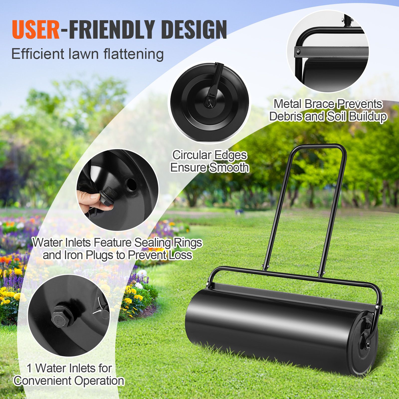 Lawn Roller, 17 Gallon 36 Inch Sand/Water Filled Yard Roller, Steel Sod Roller with Easy-turn Plug and U-Shaped Ergonomic Handle for Convenient Push — image 5