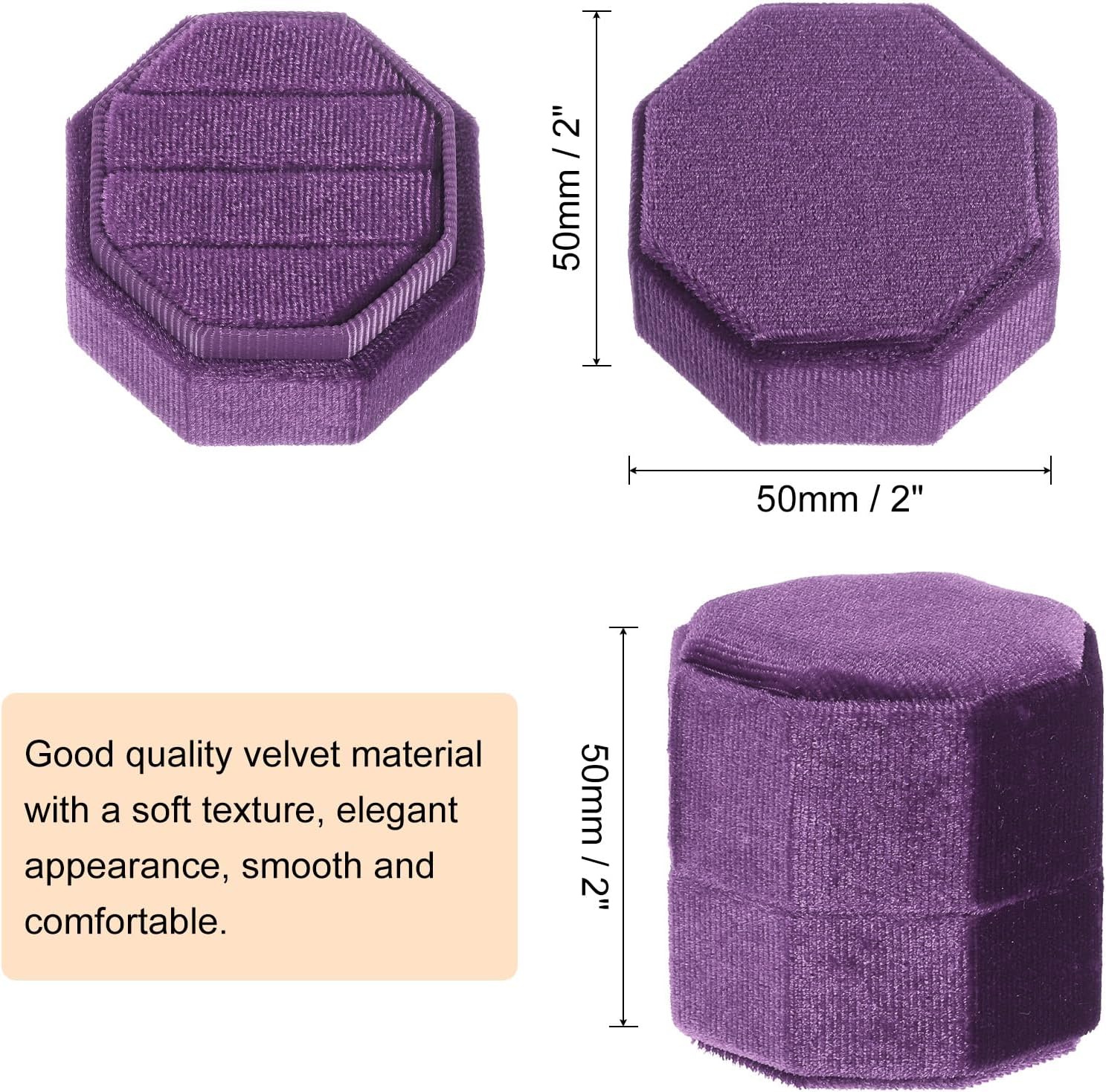 Velvet Ring Box, 3 Slot Octagon Wedding Ring Display Holder Box Jewelry Ring Gift Box for Wedding Ceremony Proposal Engagement (Deep Purple) — image 2