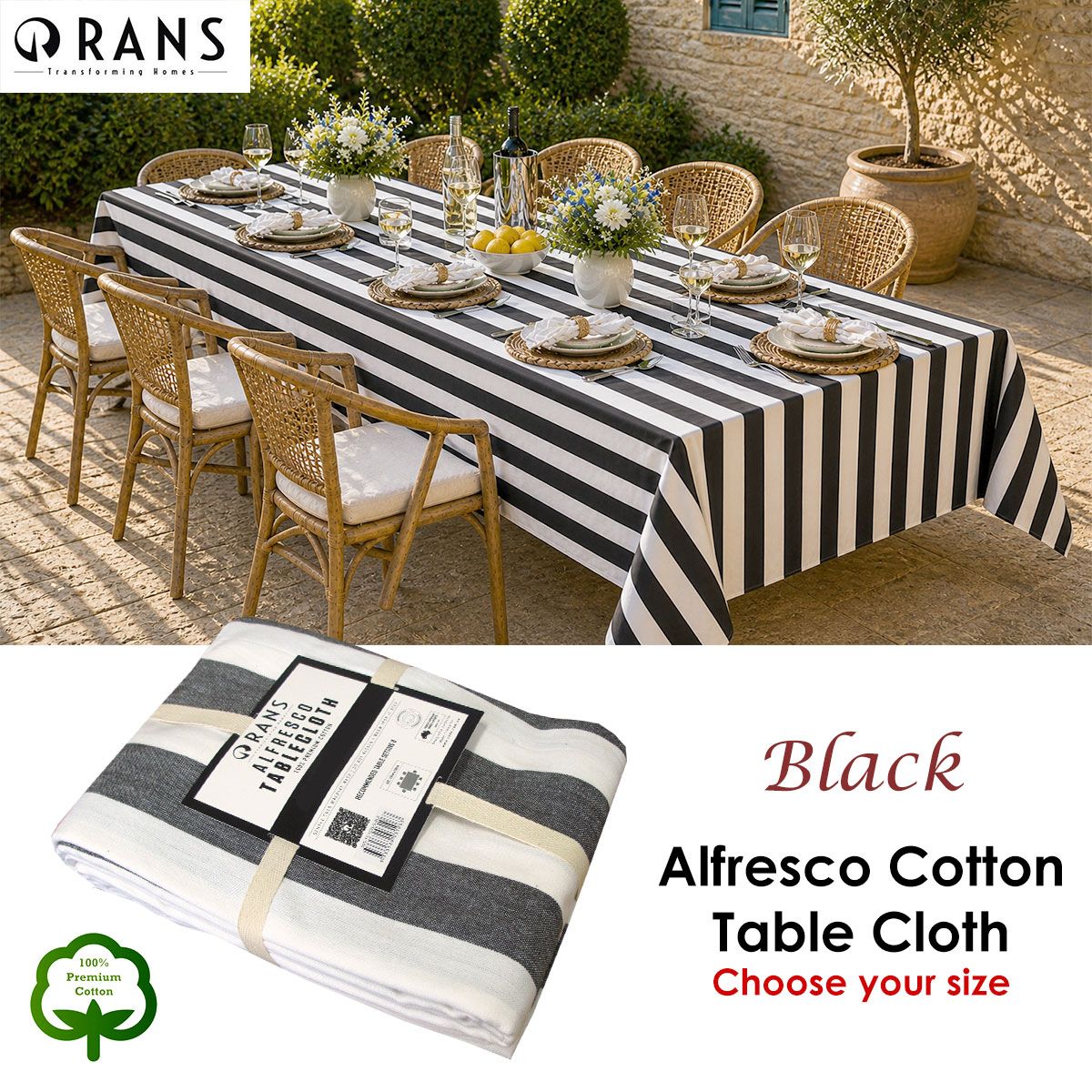 Rans Black Alfresco Stripes Cotton Tablecloth - Choose from 2 sizes 150cm x 300cm — image 2