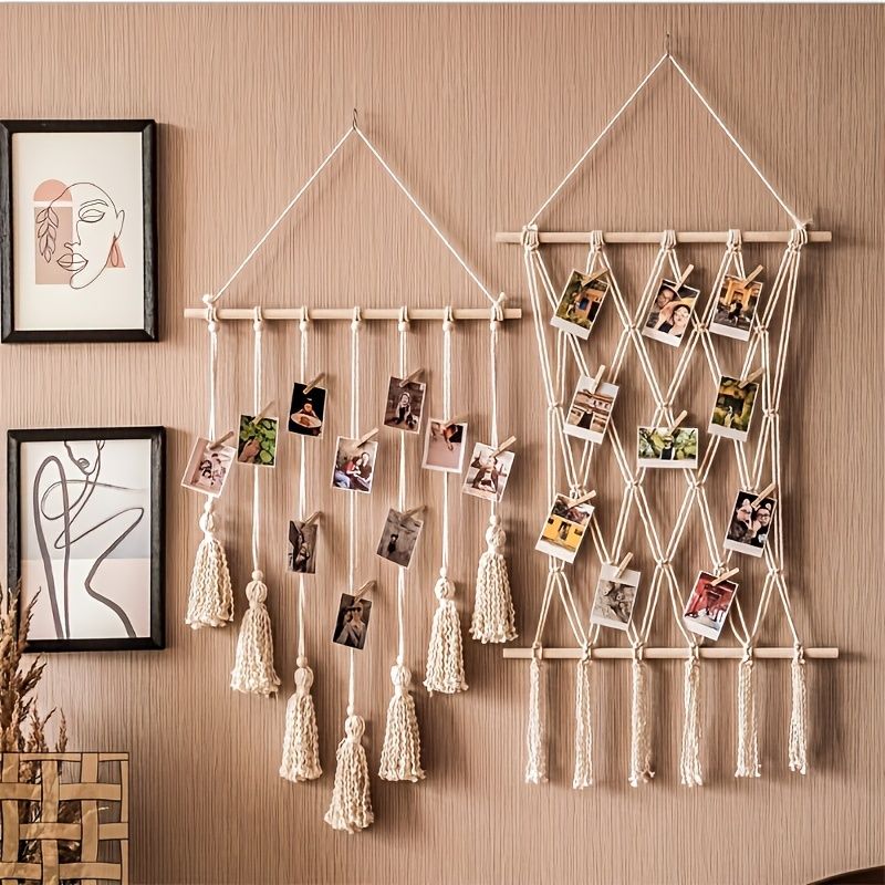 Unique Handwoven Boho Chic Macrame Photo Wall Hanging with Clips - Display for Photos, Cards & Artwork, Perfect for Bedroom, Living Room, Dorm Decor Shape — image 4