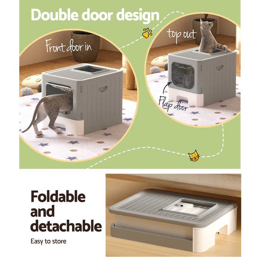 i.Pet Cat Litter Box Large Tray Kitty Toilet Enclosed Hooded Foldable Cat Litter Box Scoop Grey โ image 4