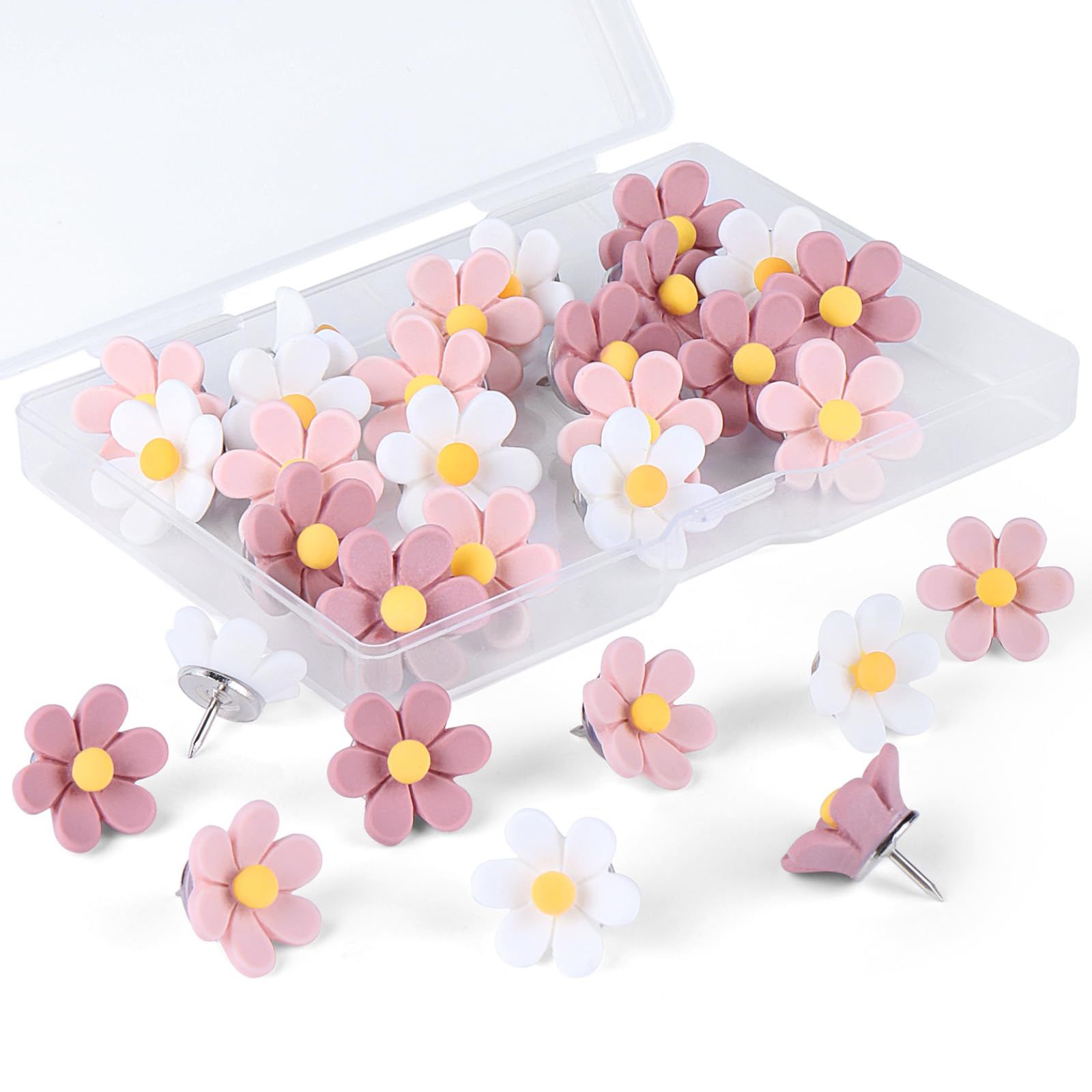 Flower Push Pins, 100pcs Pins for Cork Board Pink Decorative Thumb Tacks Cute Fun Photo Wall, Feature Map, Bulletin Board, Office or Home