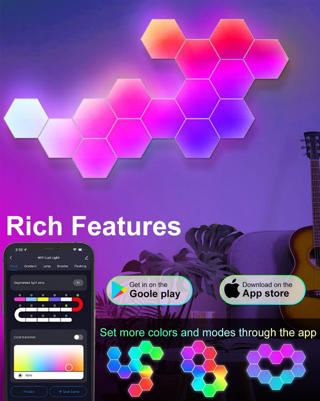 10 Pack Hexagon LED Wall Lights, Smart RGB Honeycomb Lights with APP & Voice Control, Music Sync Modular LED Panels for Gaming Room, Bedroom & Home â image 2