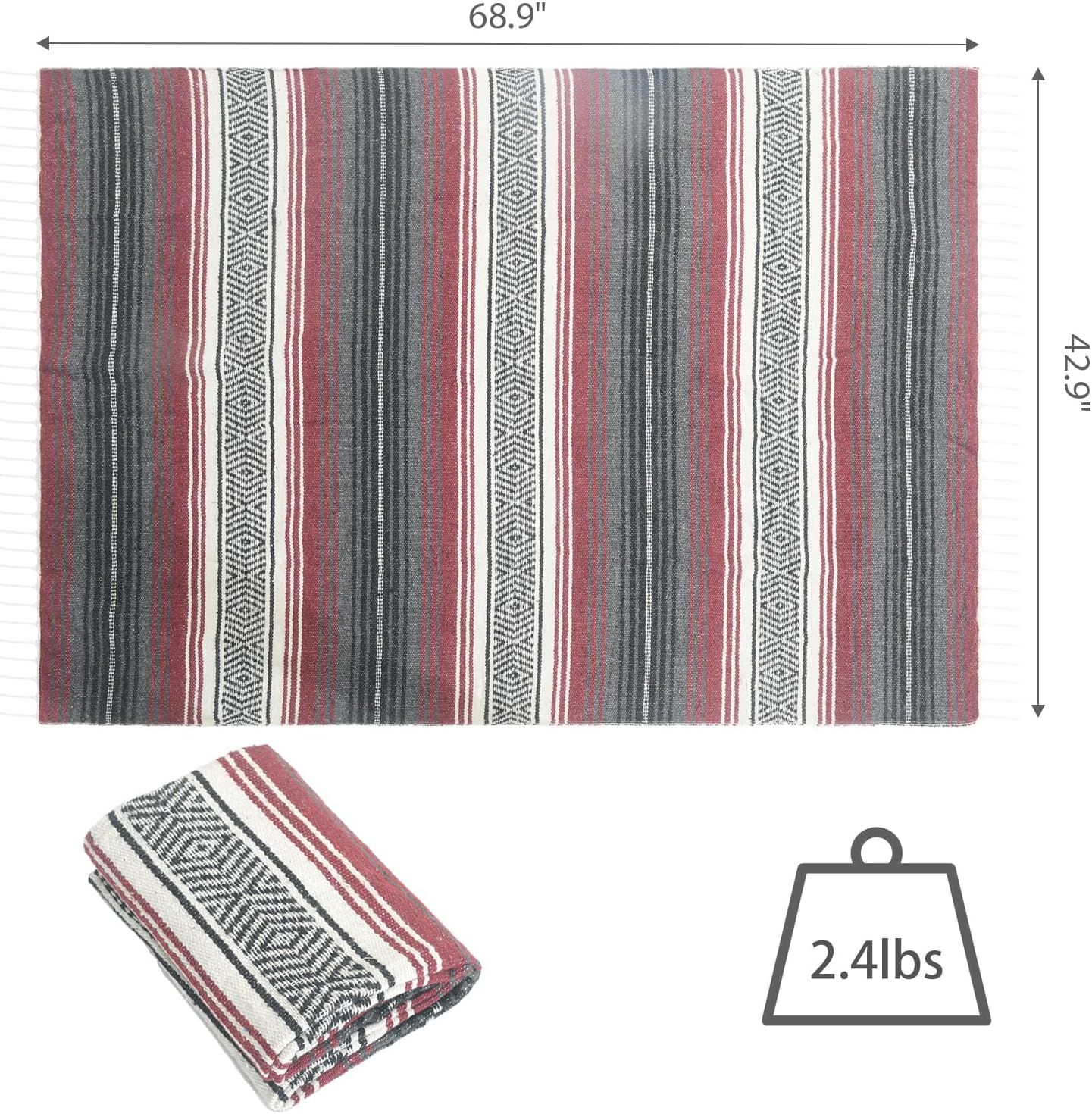 Handwoven Mexican Blanket, Lightweight Throw for Yoga, Beach, Camping, Picnics, Home Decor and Outdoor Events, Burgundy โ image 2