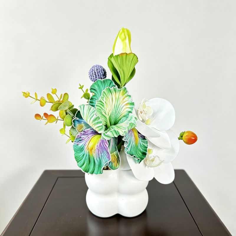 Simulated iris potted plant, floral artistry vibrant and colorful, pumpkin planter round and versatile, no maintenance ready to display upon opening, brightens โ image 5