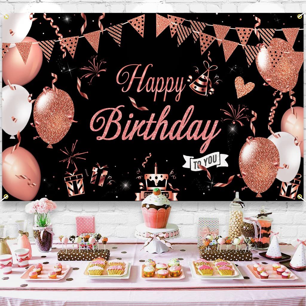 Happy Birthday Decoration Banner, Large Black and Rose Gold Happy Birthday Banner Sign, Happy Birthday Backdrop
