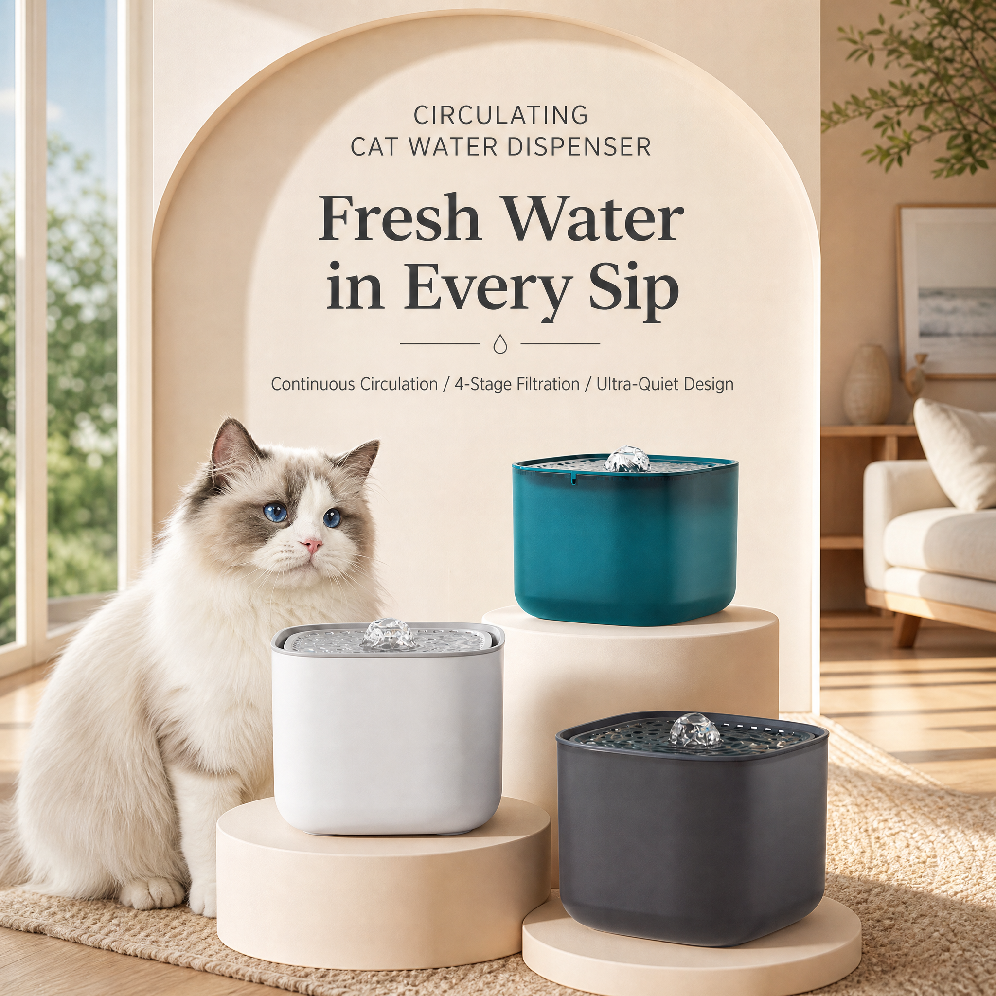 Green 3L/101oz Automatic Cat Water Fountain,6 Filter Included, Pet Water Dispenser with USB Wired Power, Detachable Design, Ultra-Quiet Pump (≤30dB), 3-Stage — image 3