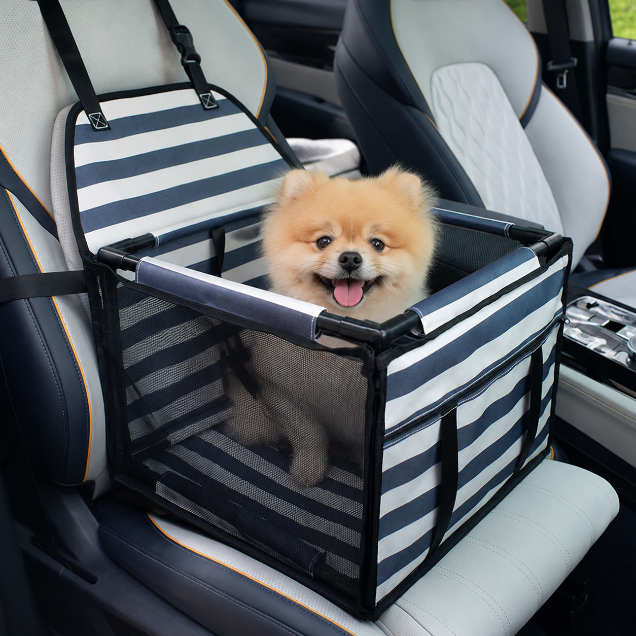 Pet Car Seat for Dogs and Cats Waterproof Mesh Booster Seat Carrier Bag - Striped Car Travel Pet Bed with Safety Strap Anti Slip Portable Pet Travel Carrier โ image 3