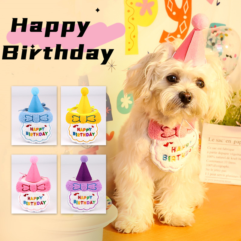 4-Pack Adorable Pet Dog Cat Birthday Party Hat & Bib Set(Purple & Dark-Blue) - Embroidered Bandana Bib & Felt Party Hat, Adjustable Tie-On Dress-Up โ image 3