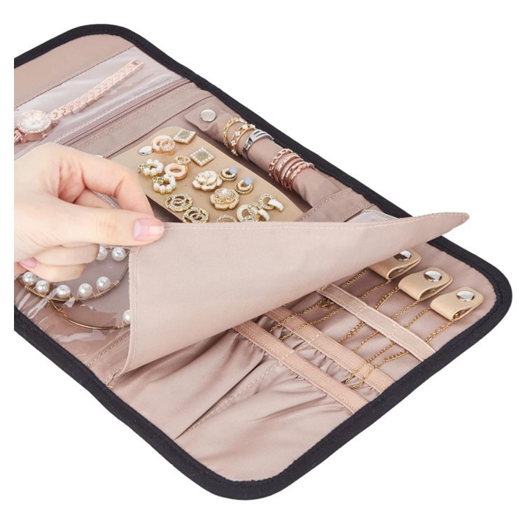 Black Portable Travel Jewelry Organizer Roll - Foldable Jewelry Storage Pouch for Earrings, Rings, and Necklaces(Jewellery is a shooting prop and is not โ image 2