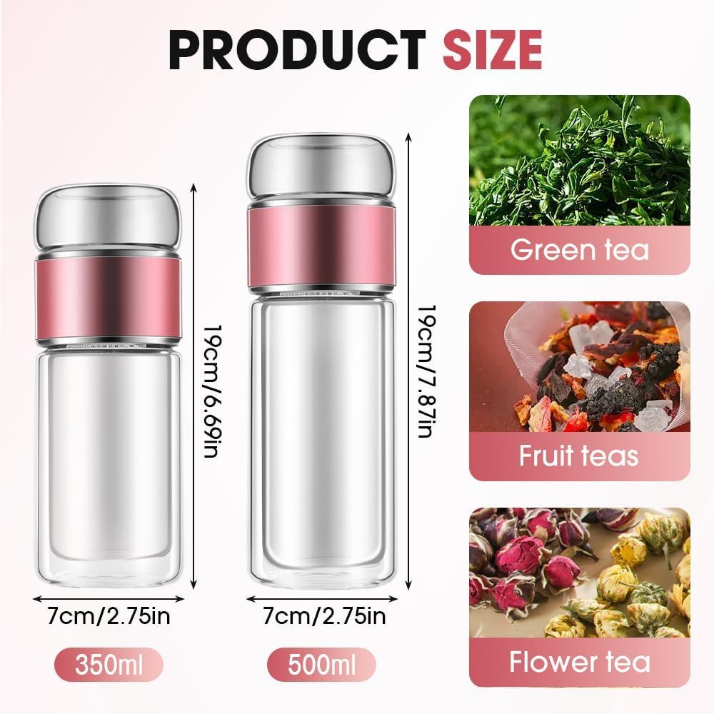 Double Wall Glass Tea Infuser Bottle Tumbler - 12oz/350ml Leakproof Travel Mug with Stainless Steel Filter for Loose Leaf Tea & Fruit Water, Hot or Cold Ready — image 3