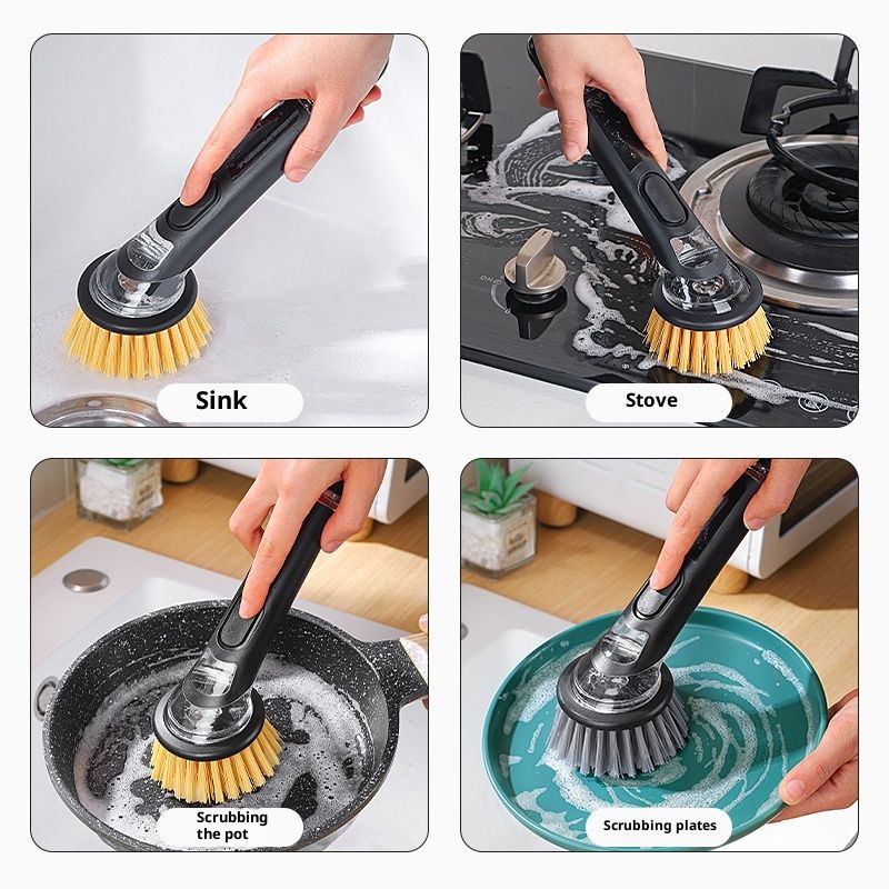 Refillable Soap-Dispensing Dish Brush with Replacement Head, for Pot Pan Sink Cleaning Dish Scrubber Brush (Yellow) — image 4