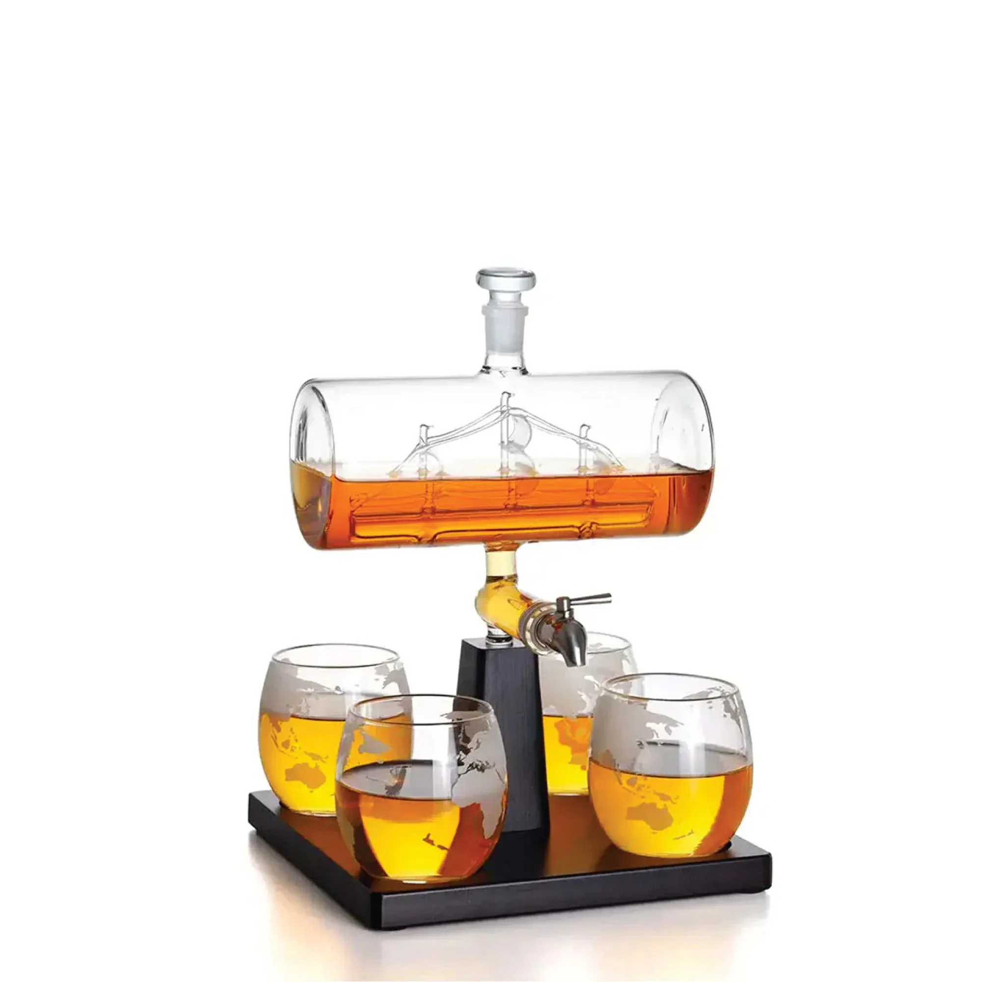 Kitchee 1L Whiskey or Wine Sailboat Glass Decanter Set - 4 Glasses + Stand