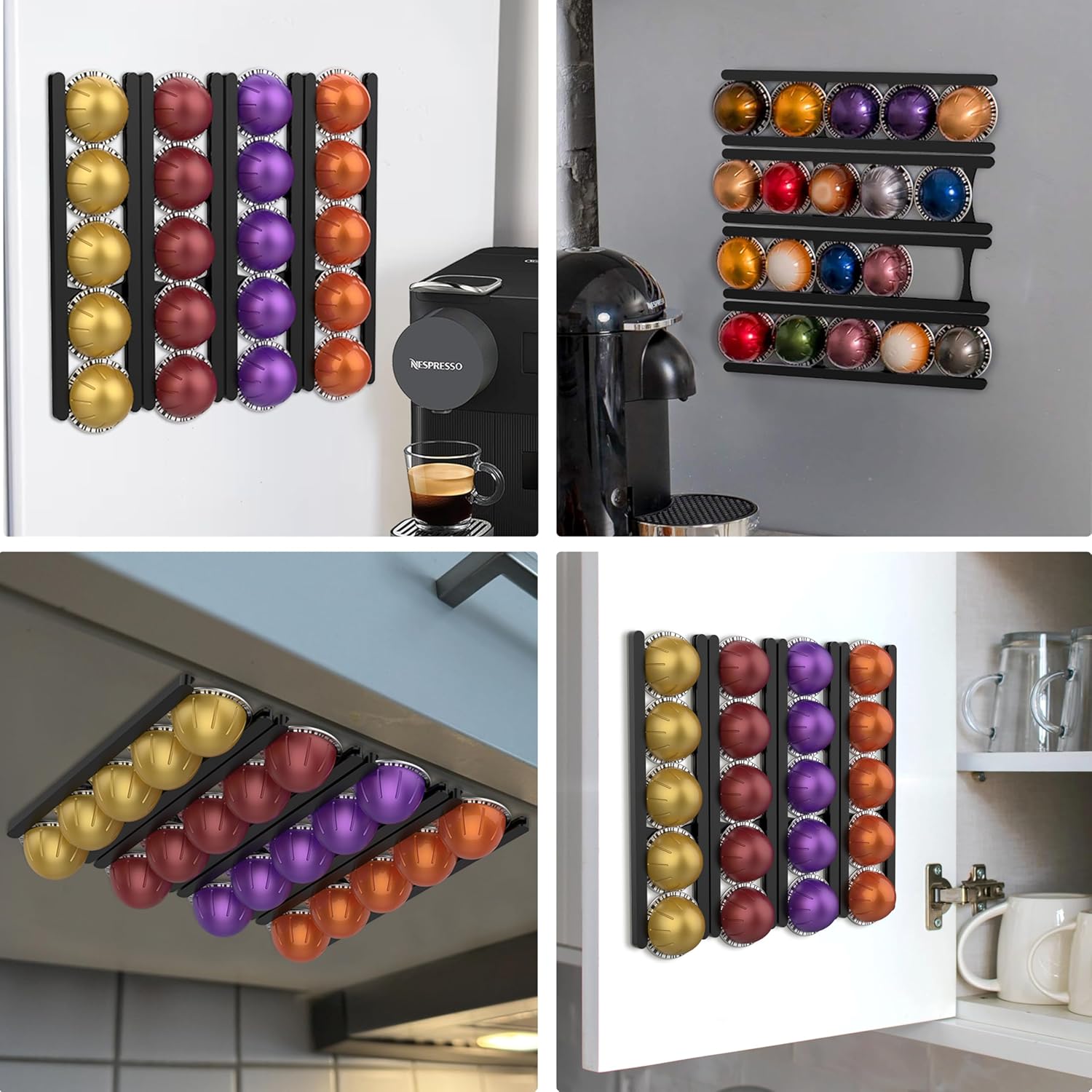 Coffee Pod Holder Compatible with Nespresso VertuoLine Capsules – 20-Pod Space-Saving Organizer for Wall, Cabinet, or Under-Counter Mount, Black — image 3