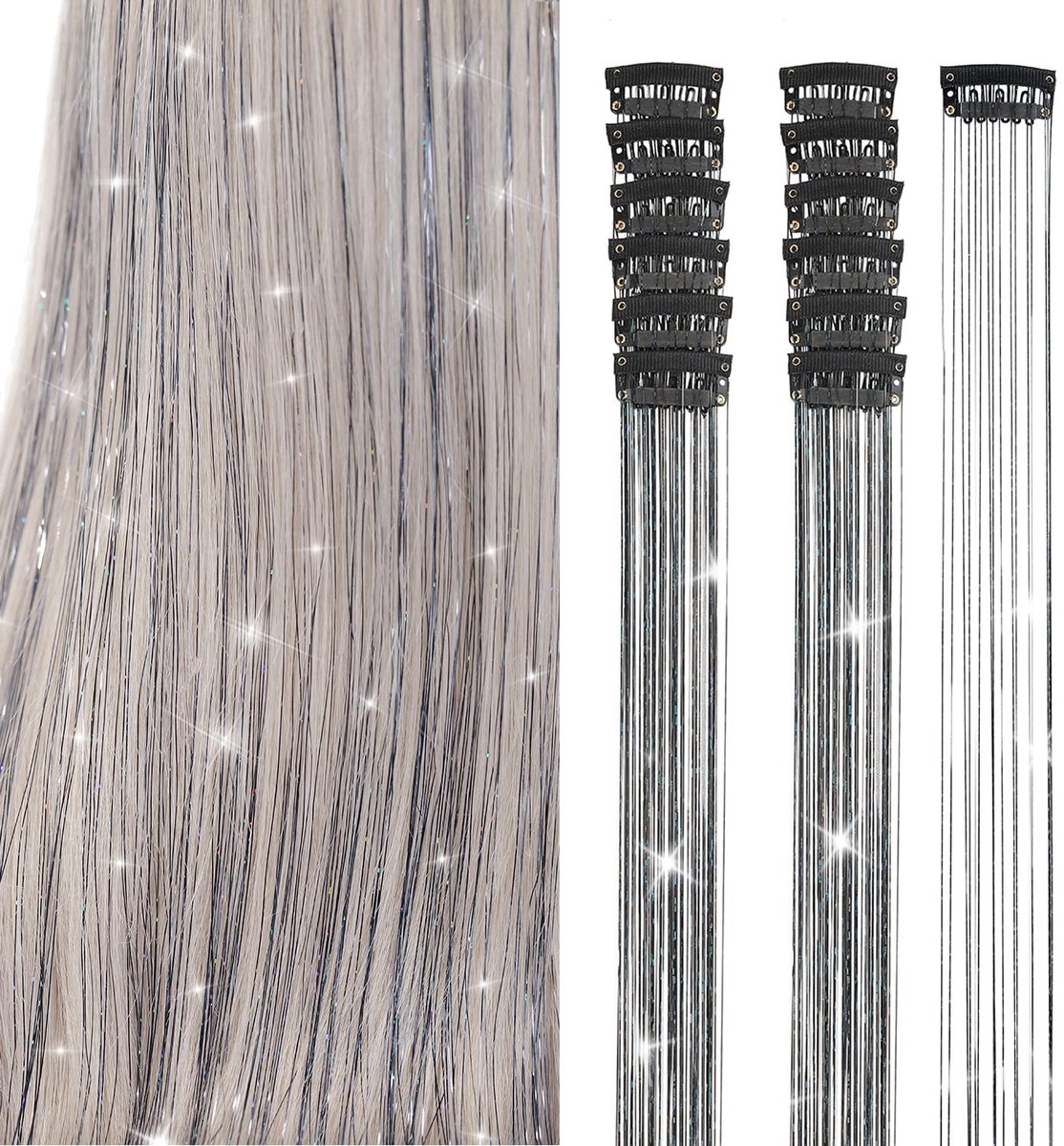 Hair Tinsels - Festival Hair Extensions - Glitter Hair Extensions - 12-Piece Clip-On Hair Accessory Set - 52cm Long Glitter Hair Extensions