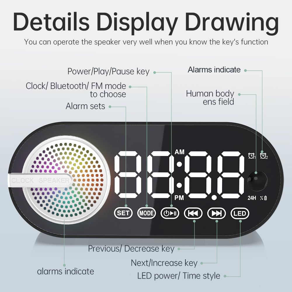 Digital Alarm Clock with Bluetooth Speaker, Dual Alarm Clock for Bedroom Heavy Sleeper Wireless Speaker (Black) — image 2