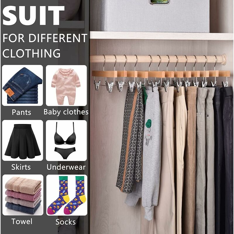 Home 10 Pack 32Cm Natural Wooden Hangers For Pants Skirts Socks Underwear Non-Slip Hangers With Clips — image 2