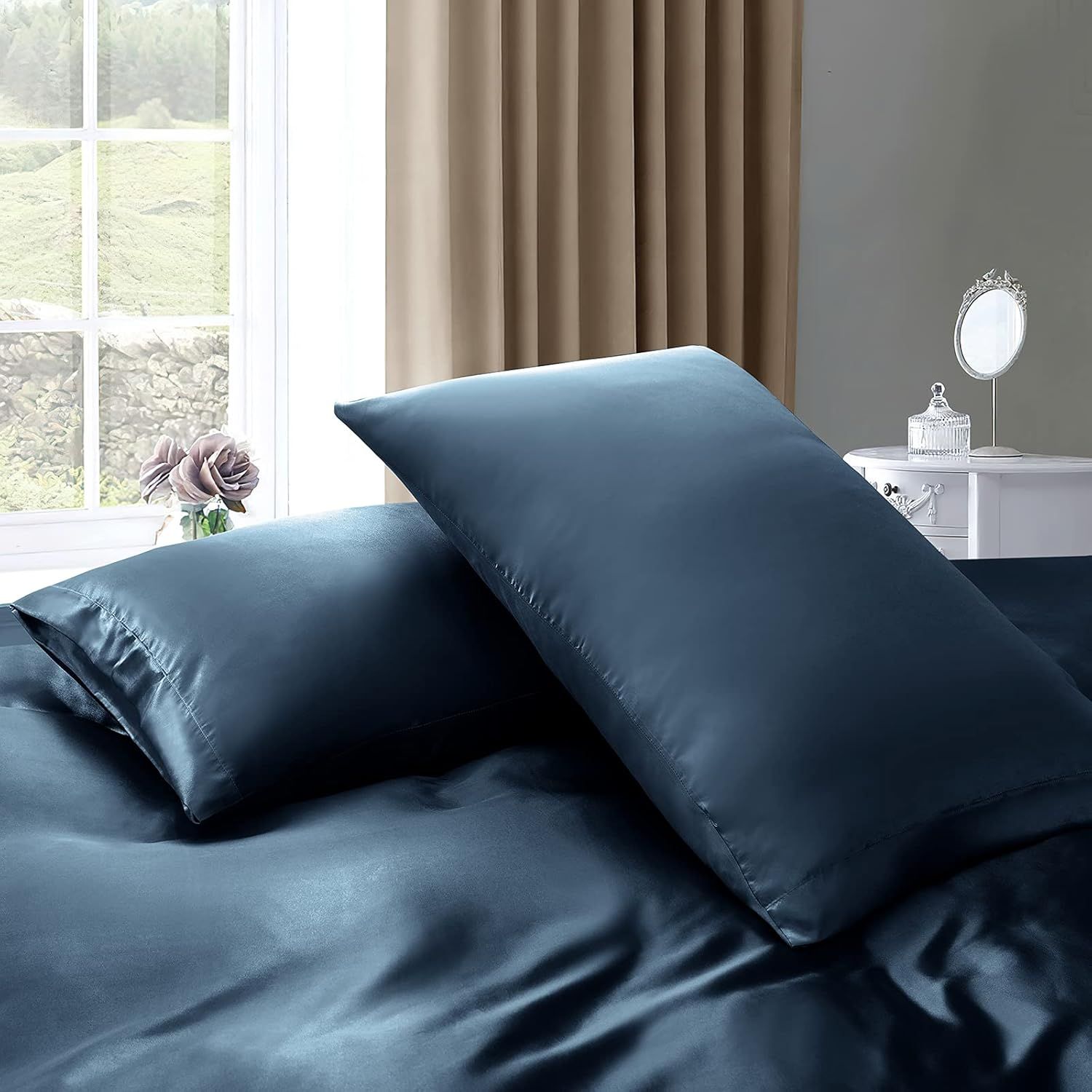Satin Quilt cover Set Hotel 3 Pieces Quilt cover with Pillowcase, Art Silk Bedding Set-Luxury Soft Silky pillowcase for Hair and Skin, Similar to Silk — image 6