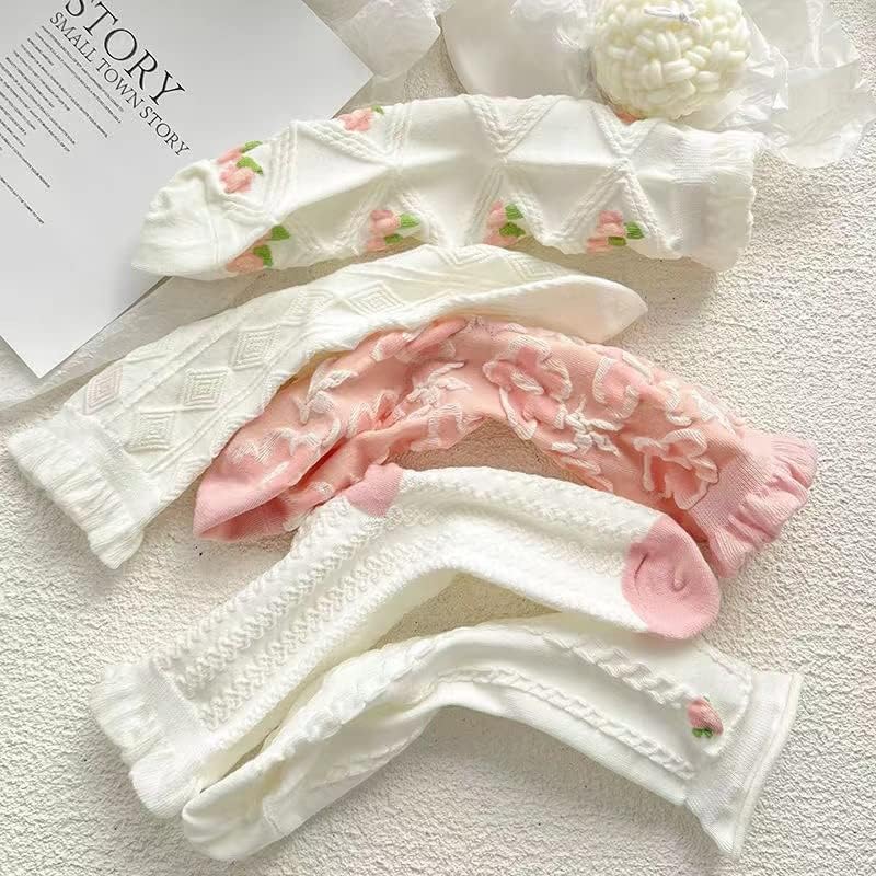 5 Pairs White Cute Socks, Women's Lace Ruffles Ankle Casual Sock, Cottagecore Breathable Mid Tube Socks, Floral Crew Socks — image 5