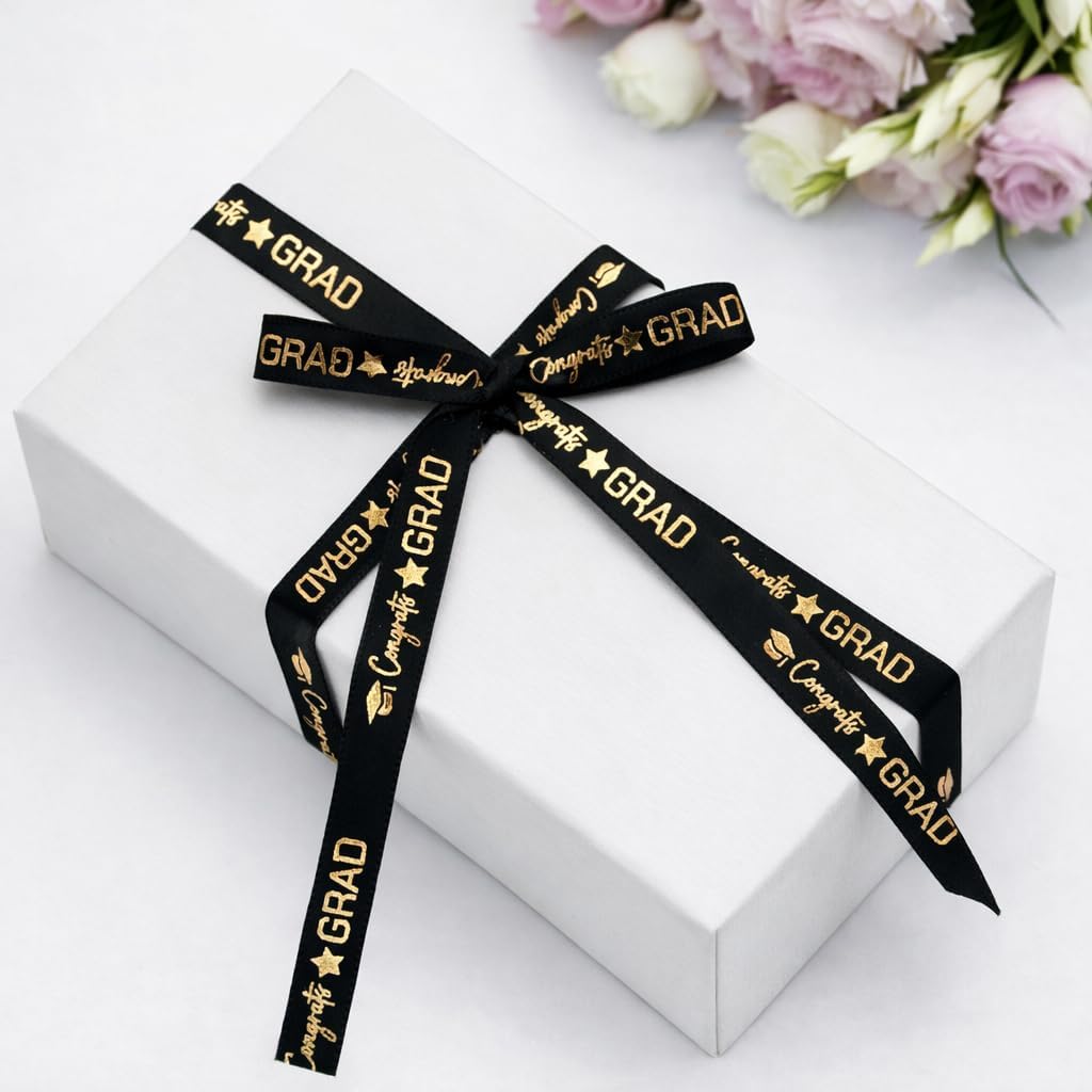 2 Rolls 2026 Graduation Ribbon - 3/8'' x 20 Yards Congrats Grad Gold Satin Ribbon for Gift Wrapping Class of 2026 Graduation Party Decorations DIY Crafts Black — image 4