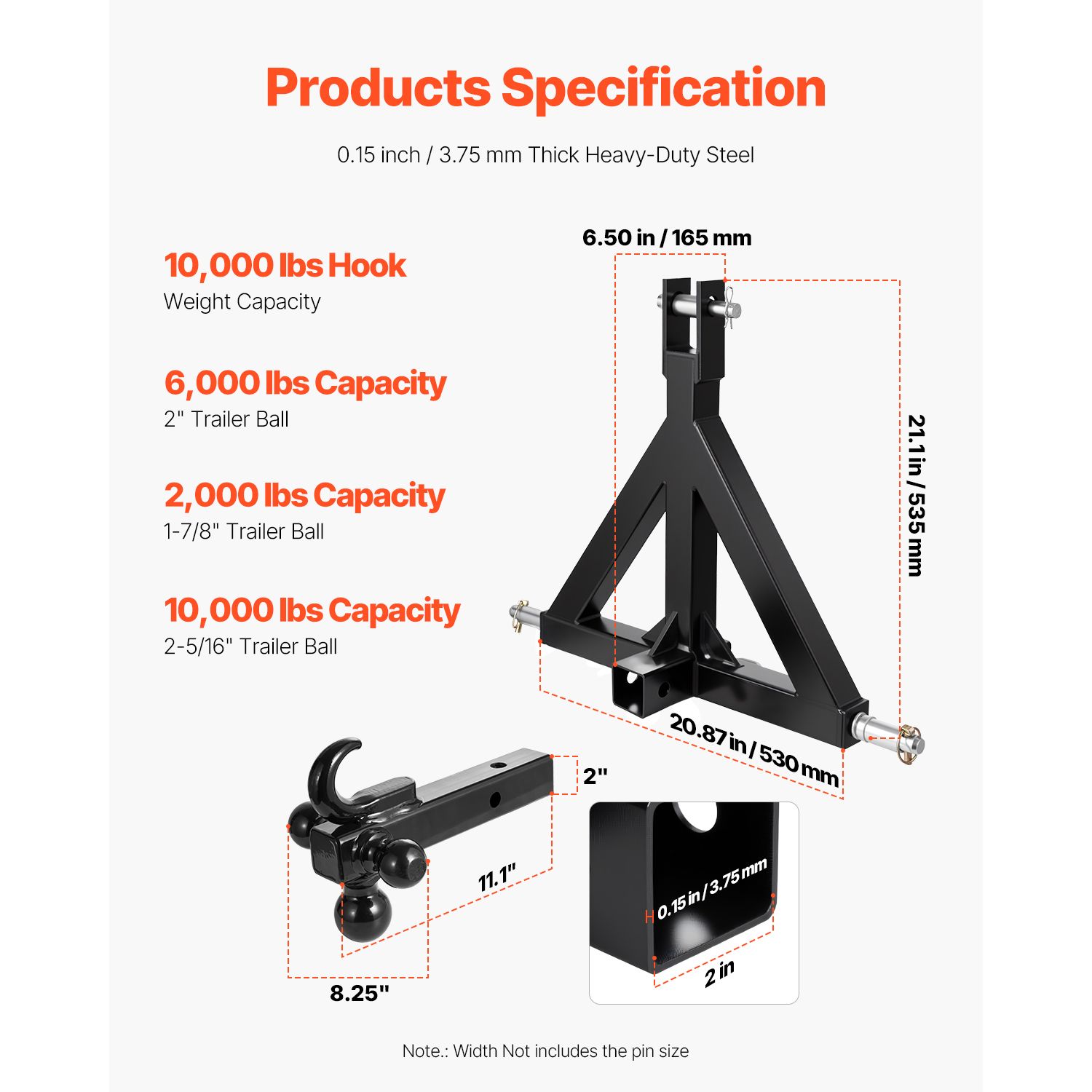 3 Point Trailer Hitch 2 in Receiver, 3pt Quick Hitch Attachment with 3 Trailer Balls, Tractor Tow Drawbar Adapter, Compatible with Kubota, Mahindra, Ford โ image 3