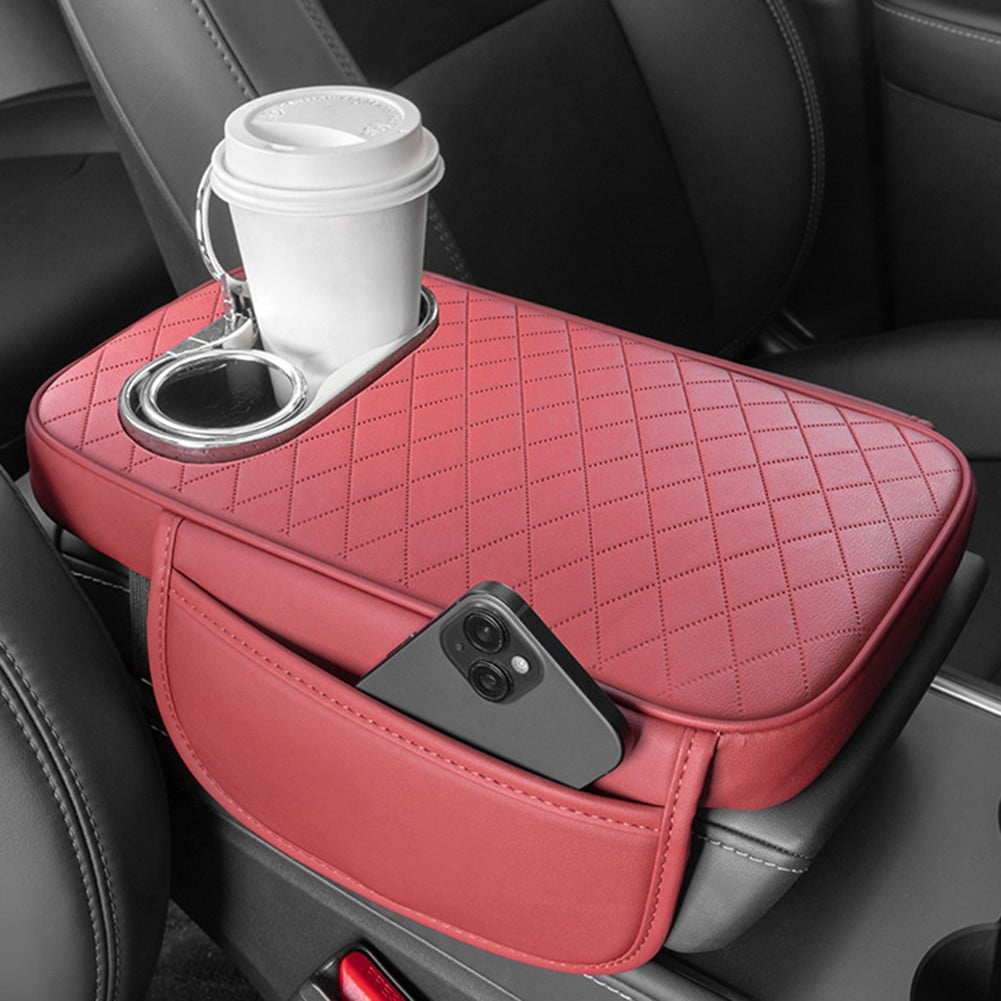 Car Armrest Cushion With 2 Cup Holder And Side Pocket Pu Leather Beige — image 6