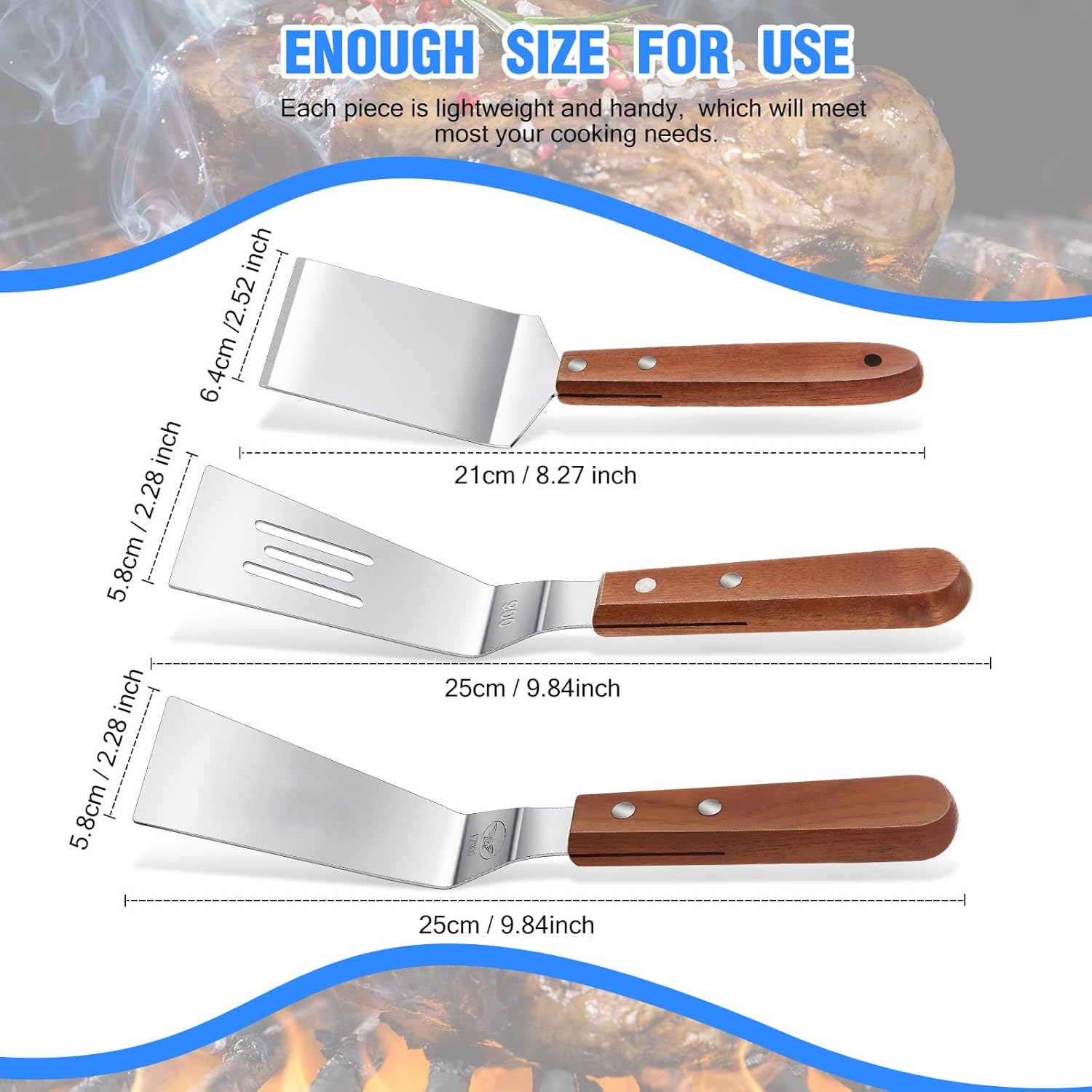 3 Pieces Stainless Steel Cooking Spatula Set Flat Top Metal Spatula Stainless Steel Wire Cheese Cutter Tool Slotted Spatula with Wooden Handle for Grilling — image 2