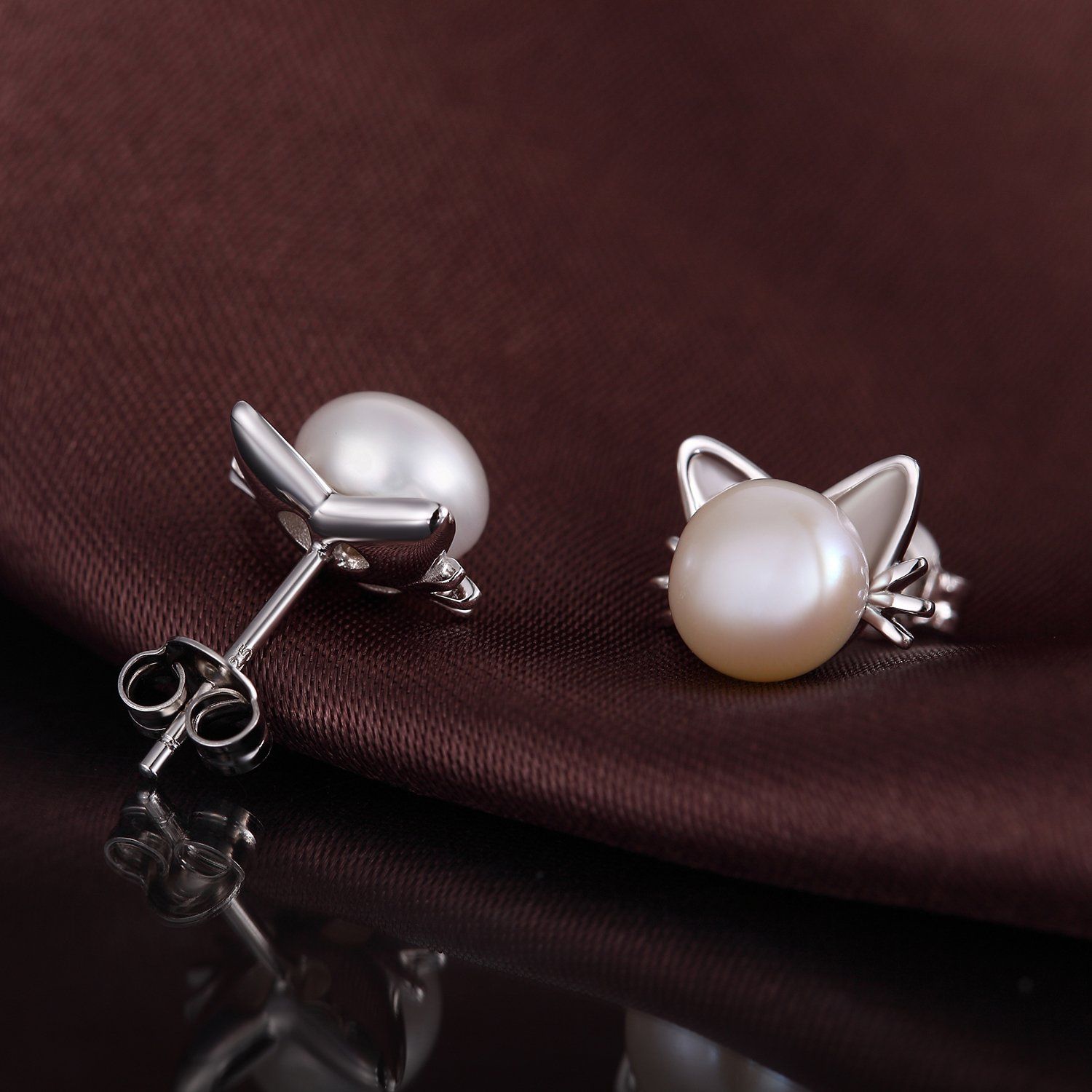 Plated Pearl Diamond Stud Earrings for Women 925 Sterling Silver Pearl Earrings, Fine Jewelry Gift for Women 7.5MM-8MM — image 4