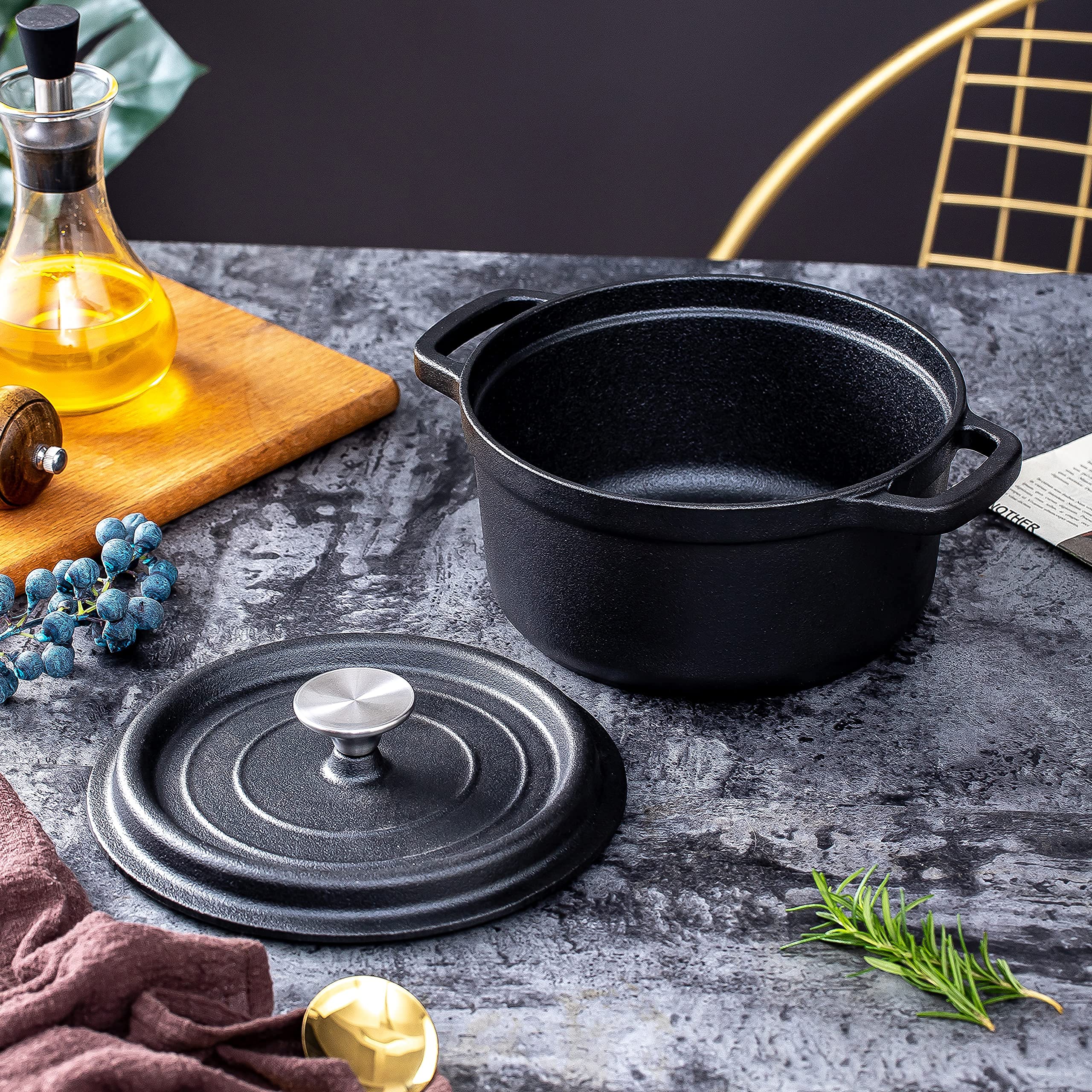 24cm Pre-seasoned NonStick Cast Iron Dutch Oven Handles Lid Skillet Cookware Braising Pot Pan Casserole โ image 2
