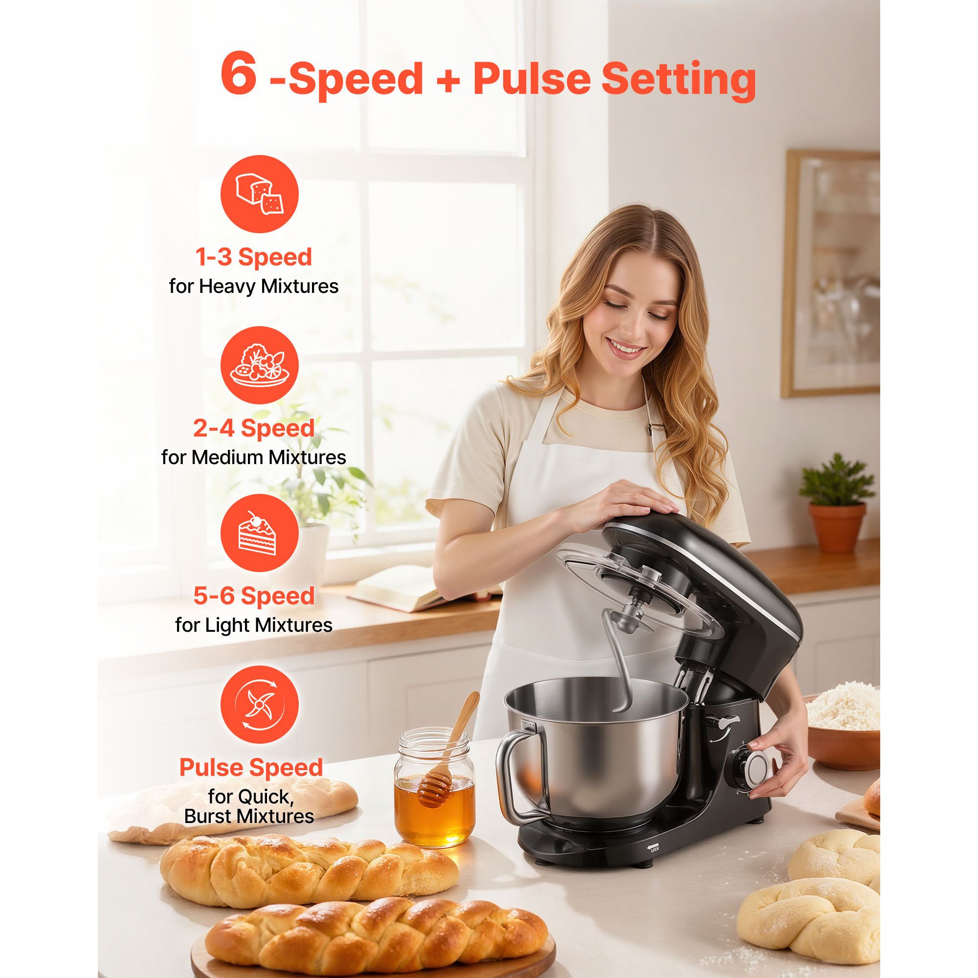 Stand Mixer 5.68 L Electric Dough Mixer 1100W 6 + P Speeds Food Beater — image 4
