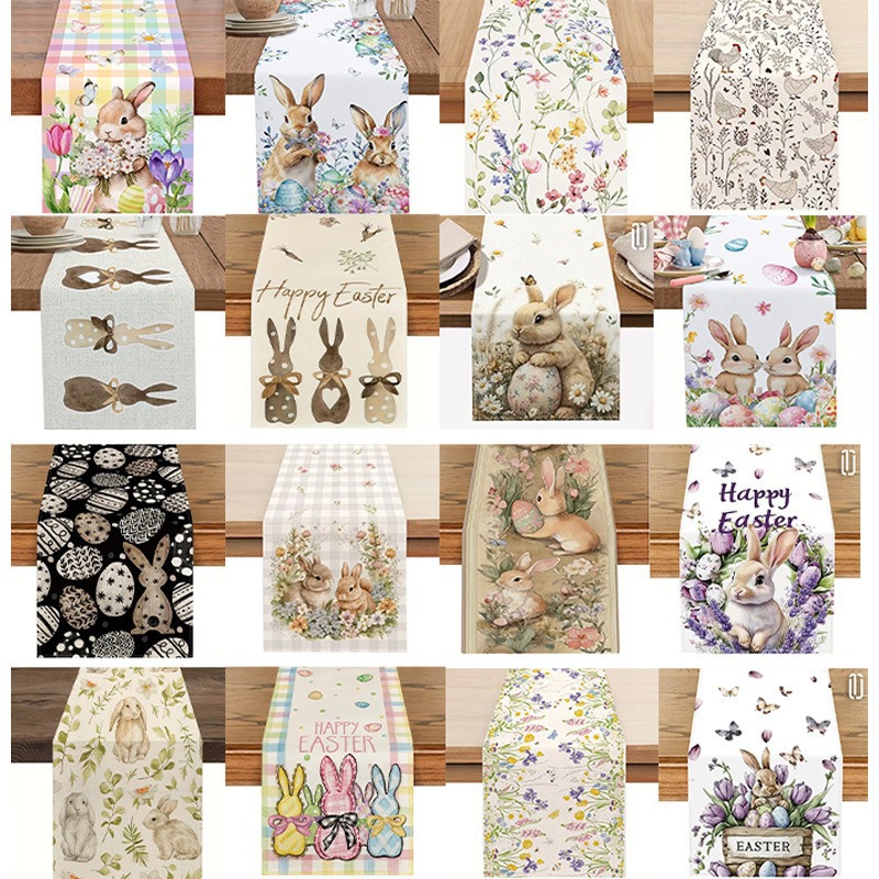33 × 183 CM Festive Easter Linen Table Runner - Cartoon Bunny Table Runner & Stain-Resistant Primitive Home Decor (Style-7) — image 2