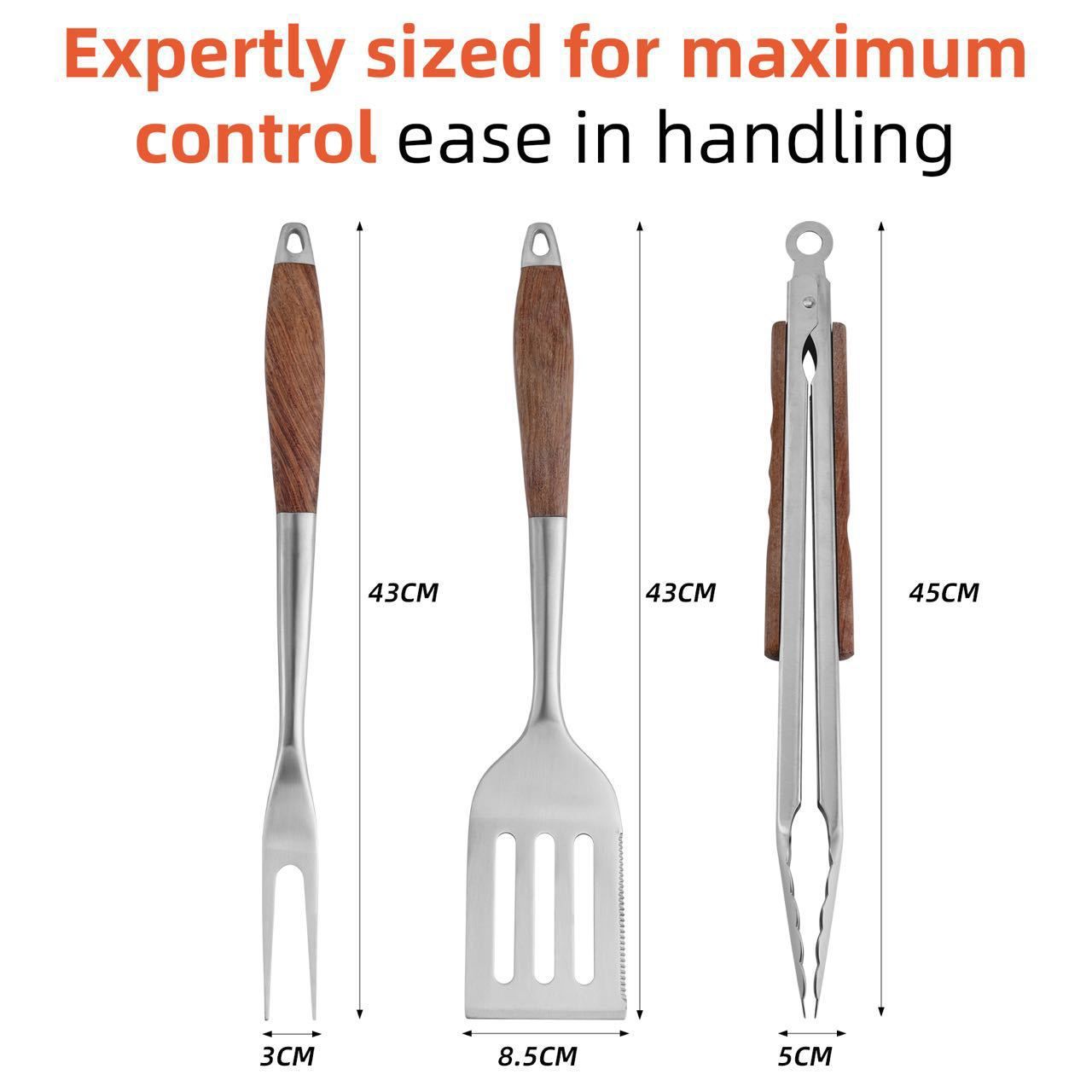 Heavy-Duty Rose Wooden BBQ Grilling Tools Set. Extra Thick Stainless Steel Multi-Function Spatula, Fork & Tongs — image 2