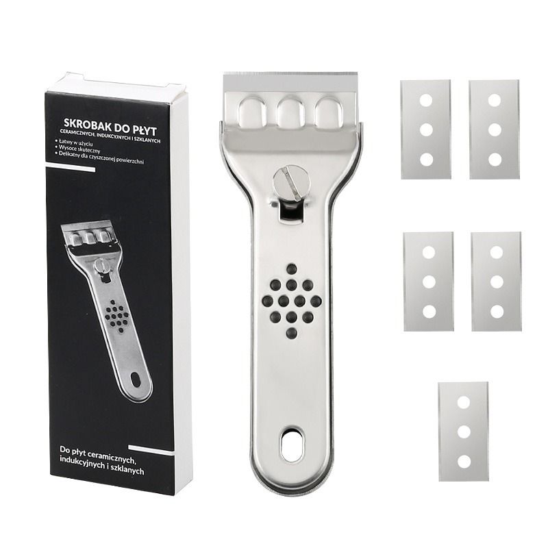 Stainless Steel Multi-Functional Cleaning Scraper, Glue & Stain Remover for Glass Tile, with 5 Replacement Blades