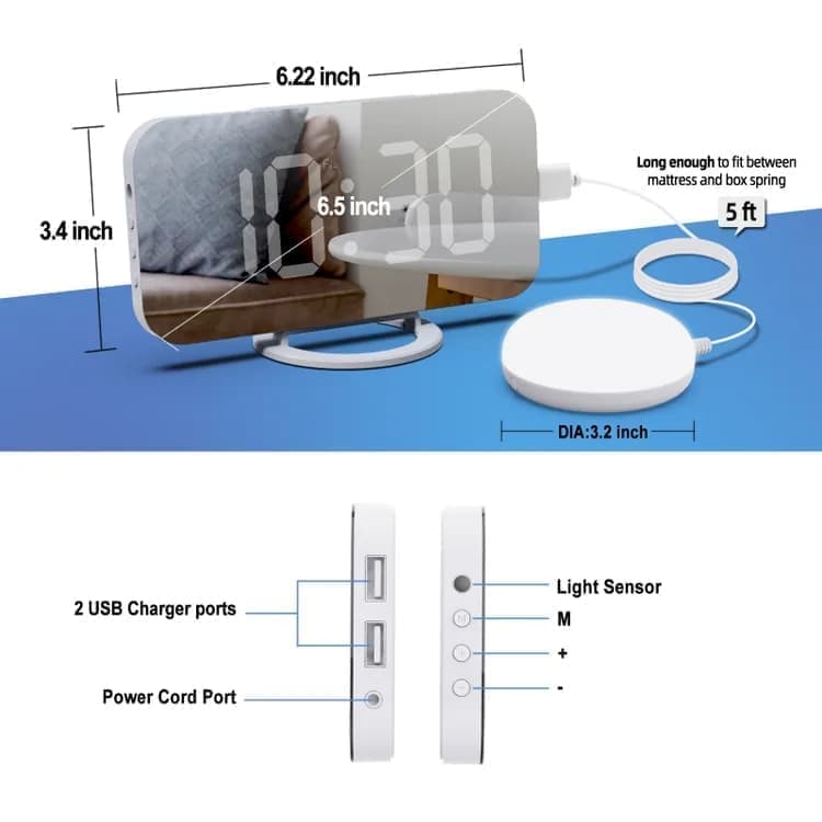LED Alarm Clock with Bed Shaker for Heavy Sleepers, Digital Mirror Display, Compatible with Philips, Black — image 2