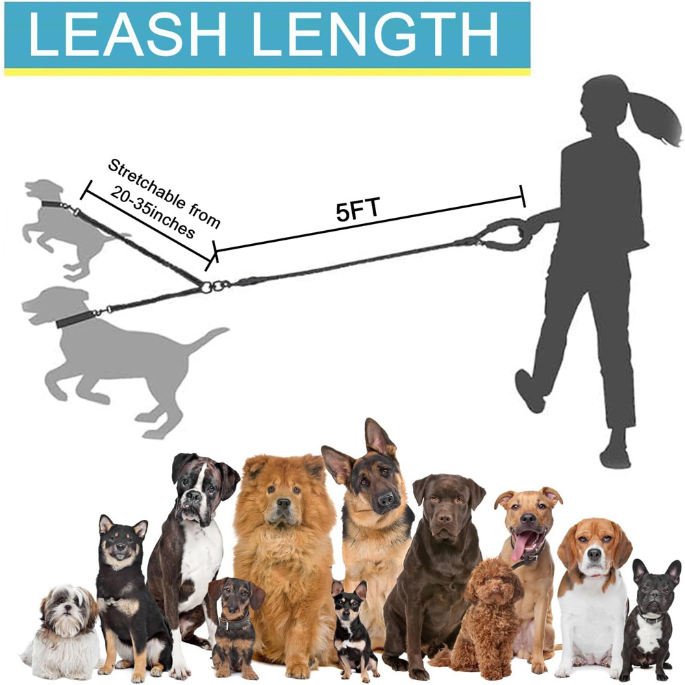 Green 3-in-1 Tangle-Free Dog Leash for 1-3 Dogs - Heavy Duty Bungee Coupler with Reflective Stitching & Padded Handle — image 2