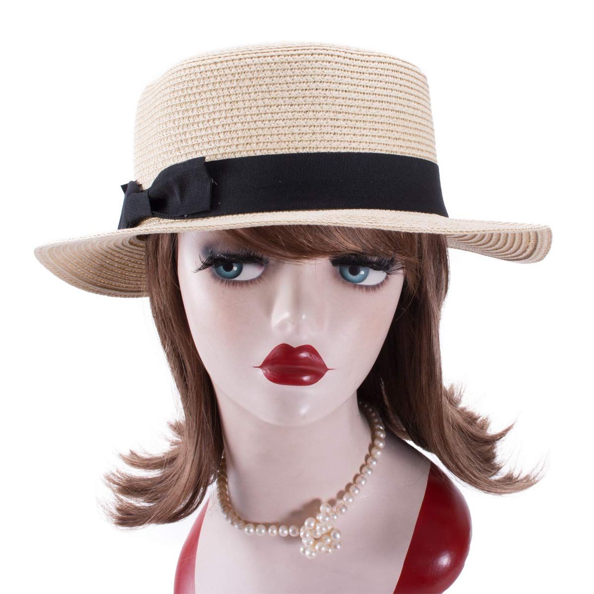 Straw Boater Hat Foldable Packable Beach Hat for Summer Tea Party Sun Hats for Women Bowknot Wide Brim Cap — image 4