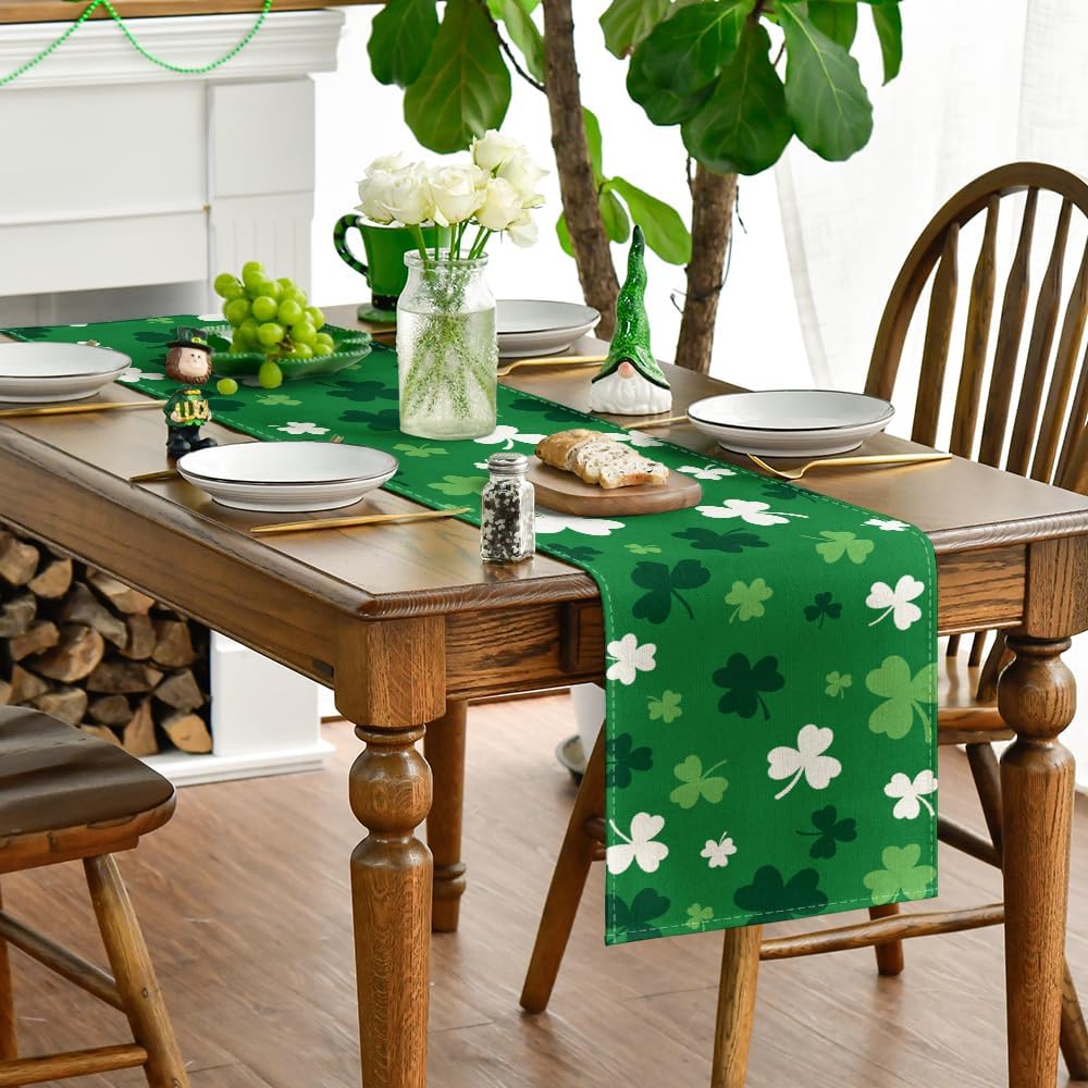 Green Shamrock St. Patrick's Day Table Runner, Seasonal Spring Kitchen Dining Table Decoration for Home Party Decor 13x72 Inch — image 3