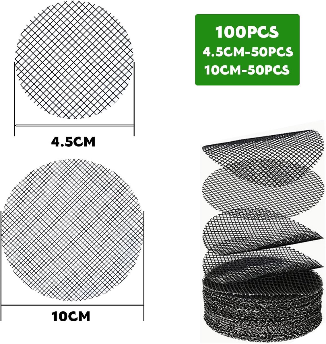 100 pieces - Round flowerpot mat - mesh garden mat - plant pot bonsai soil grid - for garden - prevents soil loss - drainage screens - 4.5 cm and 10 cm, 50 — image 5