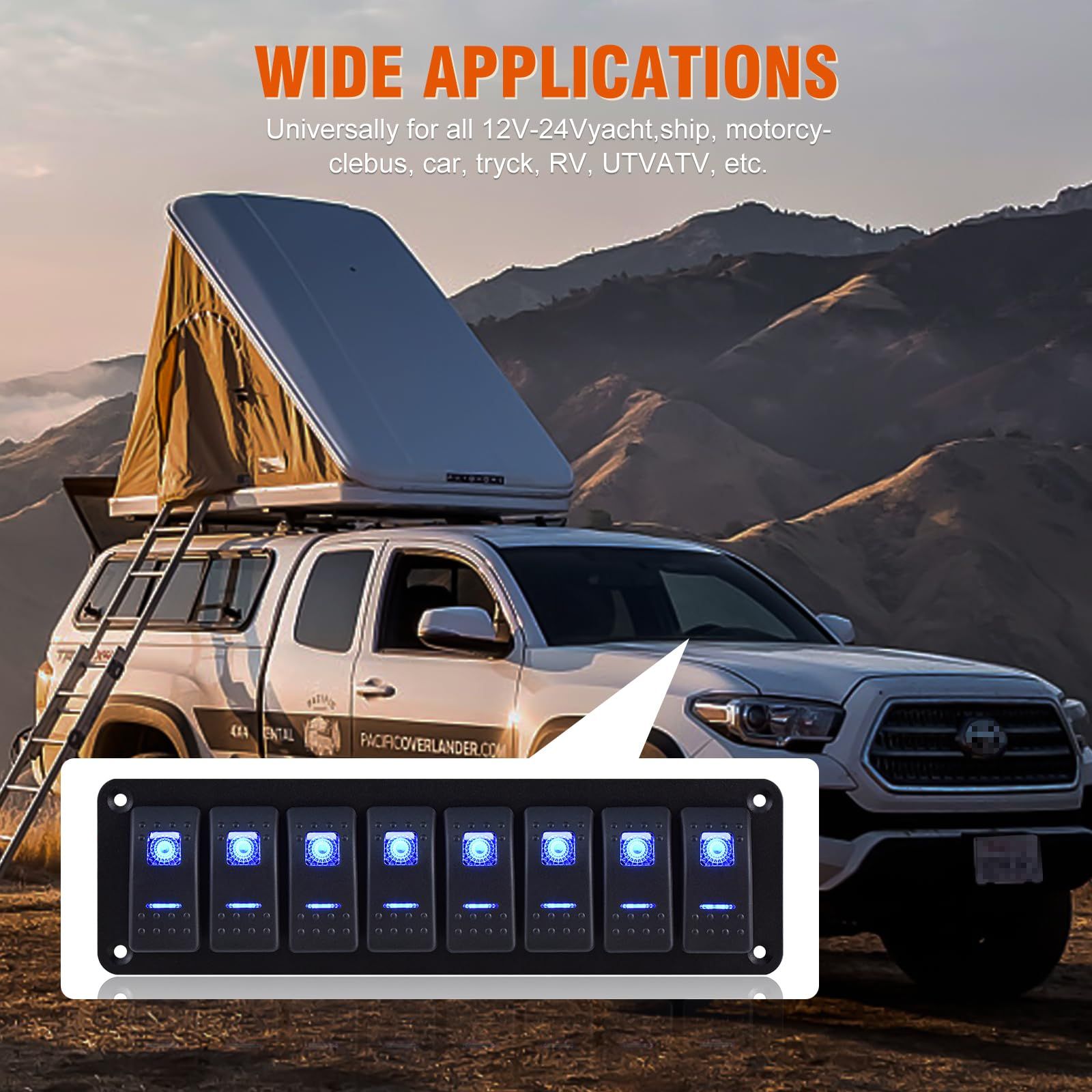 Rocker Switch Panel 8 Gang Aluminum Waterproof Toggle Switch Panel, On-Off Car Boat Switch, Pre-Wired Switch Panel — image 5